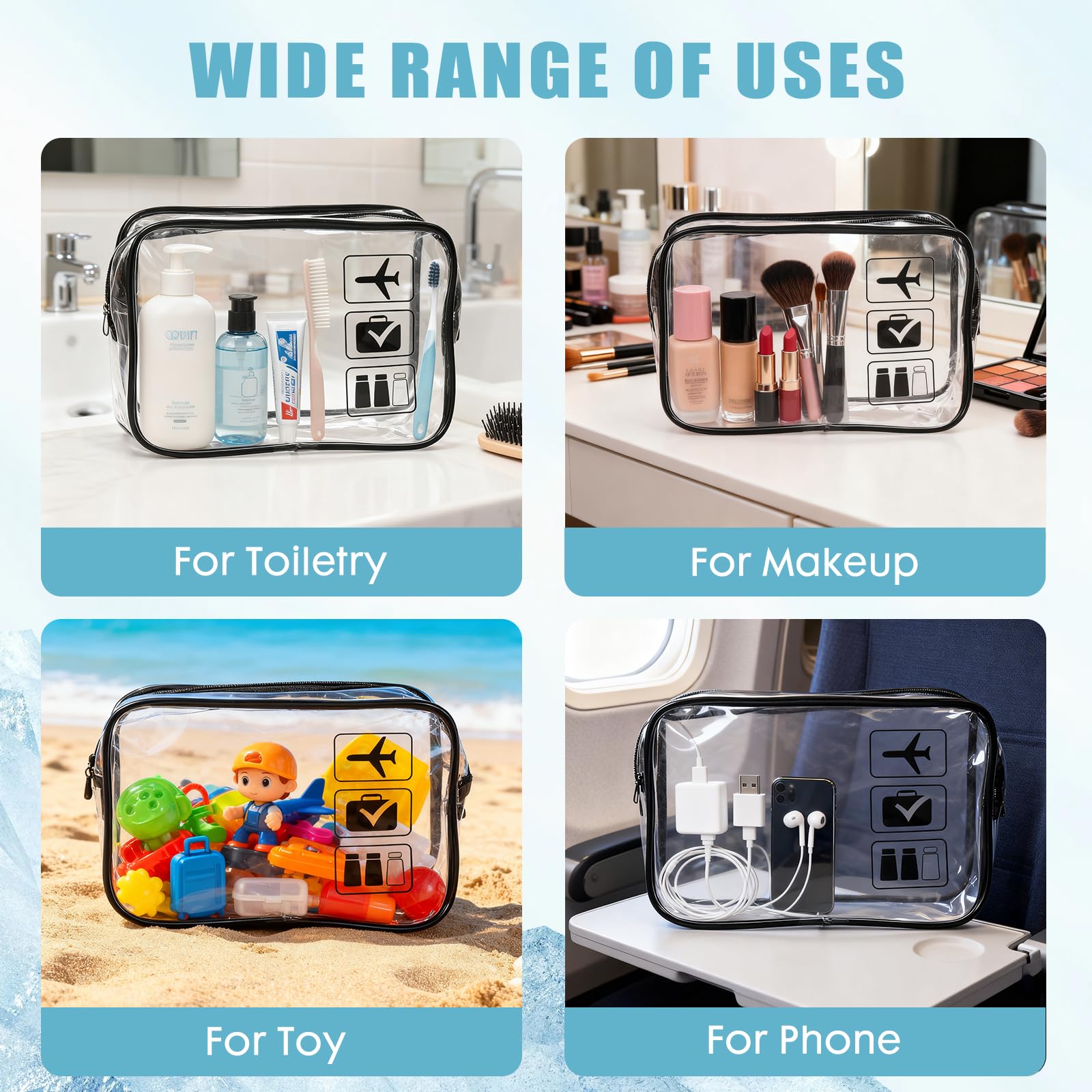 Lot de 20 trousses de toilette de voyage transparentes approuvées par la TSA pour homme et femme (noir)