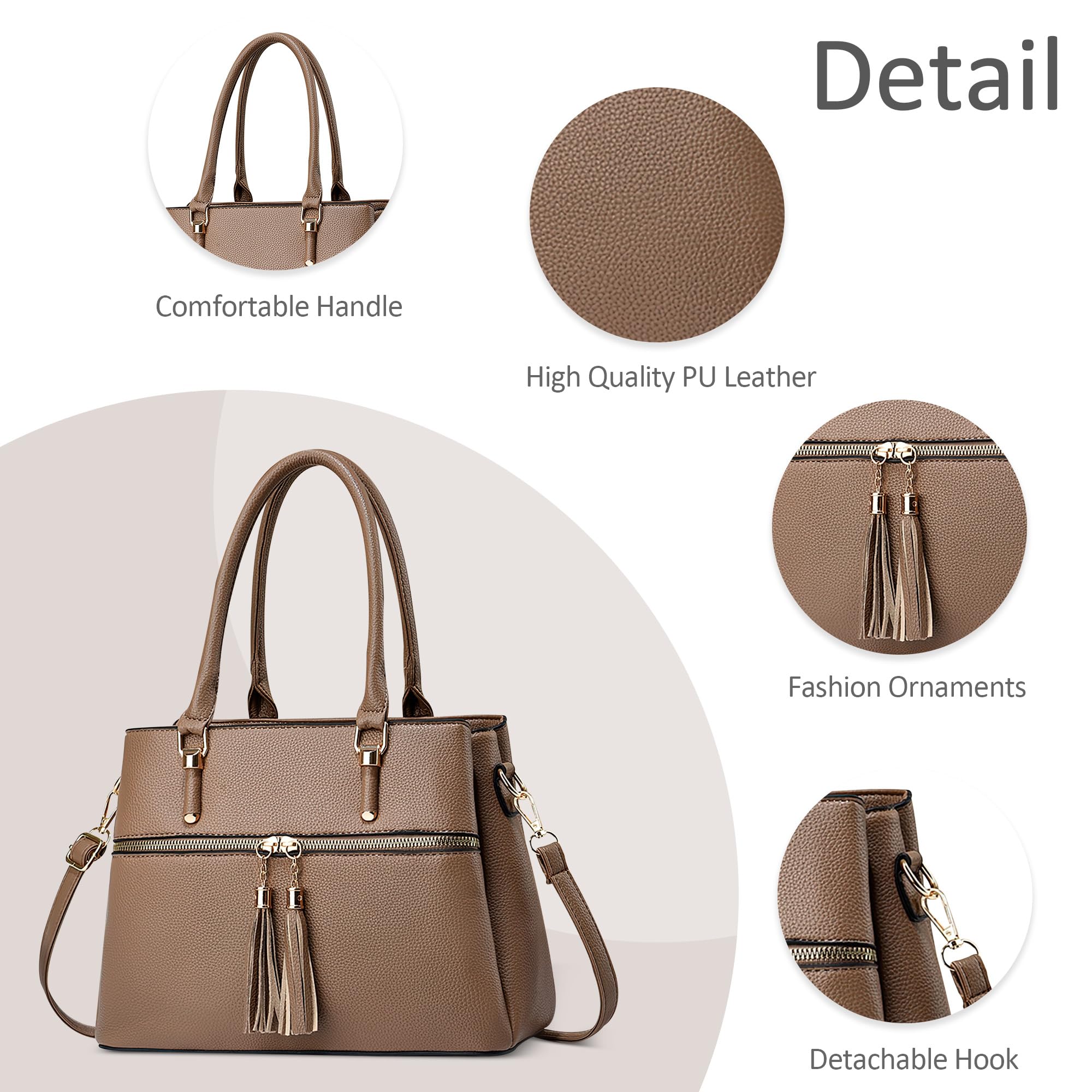 Moda Bolso de Señoras Mediana PU Cuero Bolso de Mano Tote Cruzados con Bolsillos Múltiples Bolsa de Hombro para Trabajo Escuela Viajes Casual Compras Bolsos de Mujer Caqui