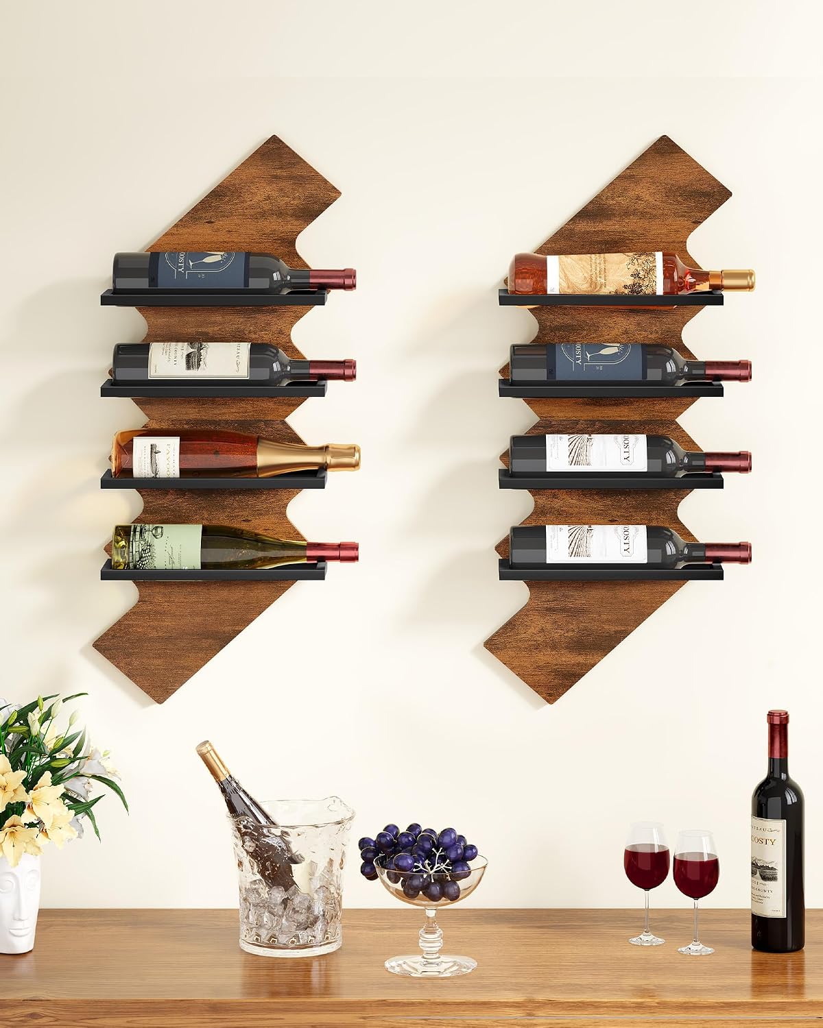 FAVOOSTY Wine Rack Wall Mounted 4 Bottle Pack, Creative Wine Racks Wood and Metal, Lightning Shaped, Home Decorative Storage Wine Rack, Brown