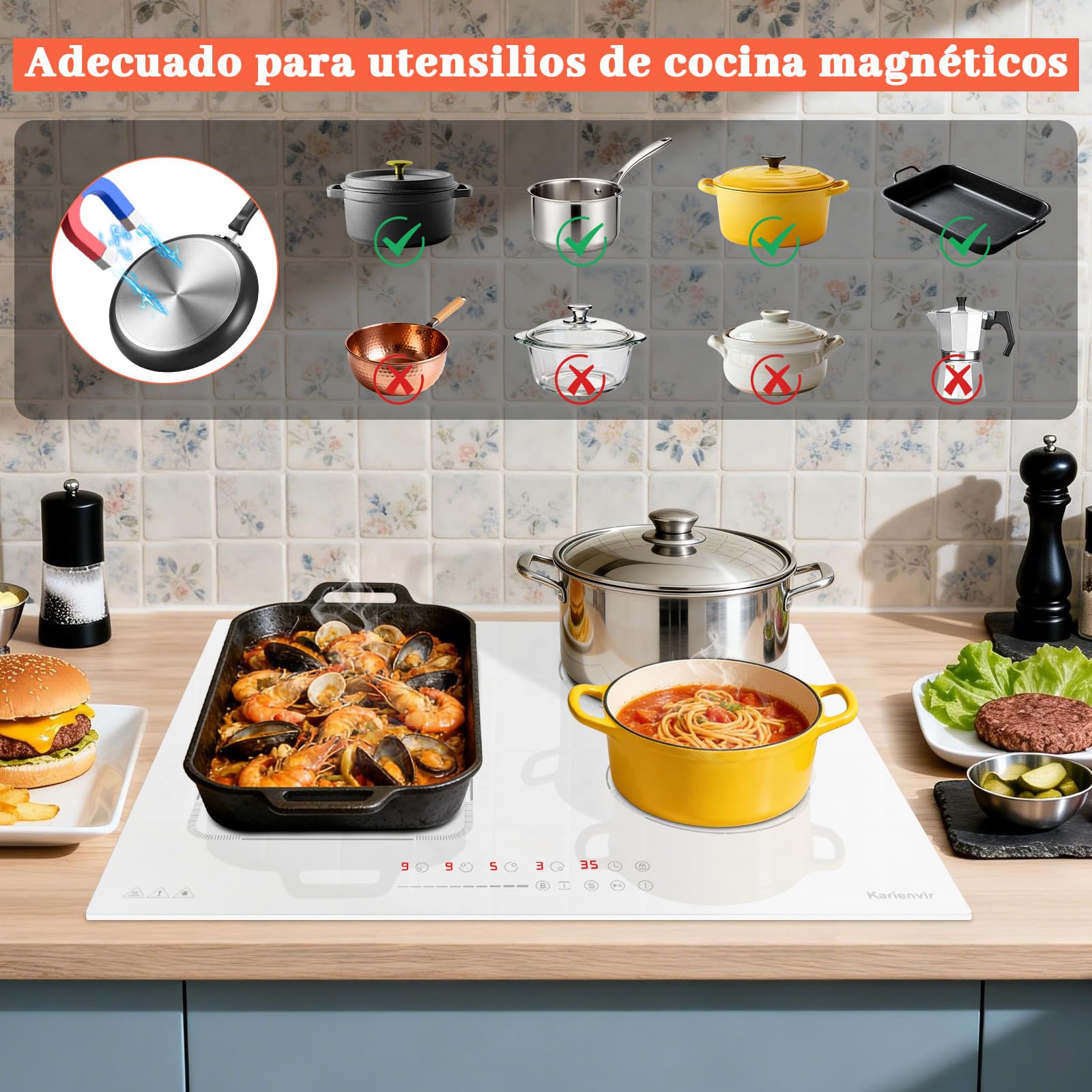 Placa Inducción 4 Fuegos con Zona Flexible y Enchufe, Placa Induccion Empotrable 60 cm con Boost, Vitroceramica Induccion con Pantalla Táctil, Bloqueo de Seguridad, Pausa, Temporizador, Blanca