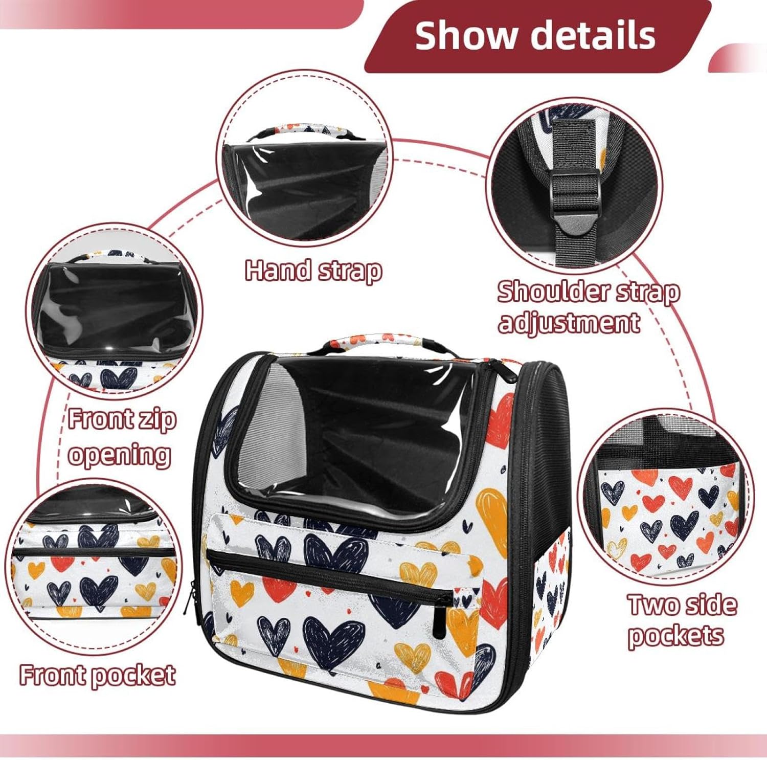 Flat Doodle Hearts (14) Pet Carrier Airline Approved Soft Sided Portable Cozy Travel Pet Bag, Car Seat Safe Carrier for Cats and Dogs