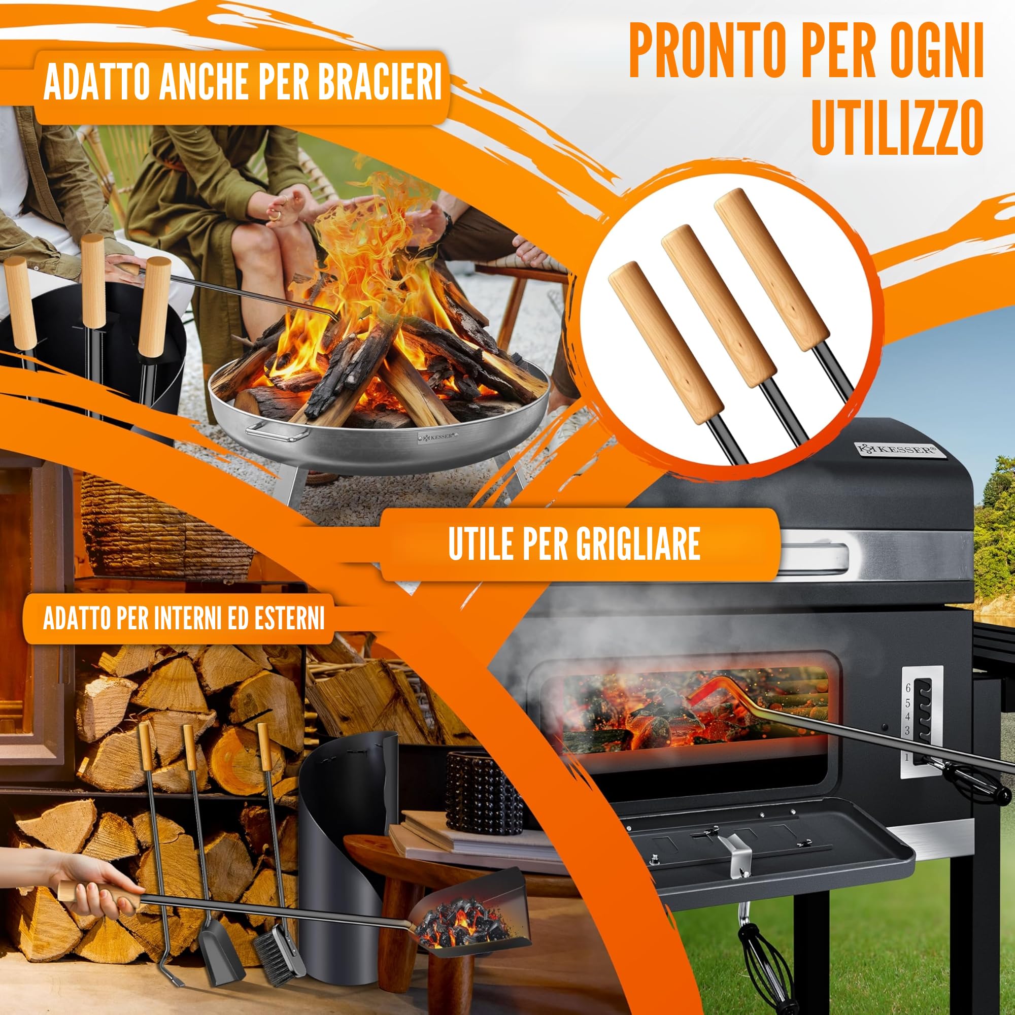 KESSER® Accessori per camino Kit camino da 4 pezzi - design moderno, rivestito, Set per caminetto di alta qualità composto da 4 pezzi: scopino, paletta, attizzatoio, supporto acciaio, manici,Antracita