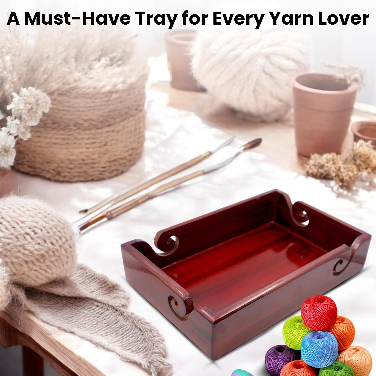 Wooden Yarn Bowl Tray for Knitting & Crochet – Handcrafted Antique Finish Organizer with Swirl Design | Durable Teak Brown Wood Holder for Crochet Hooks & Yarn Balls | Multipurpose Craft Storage Gift