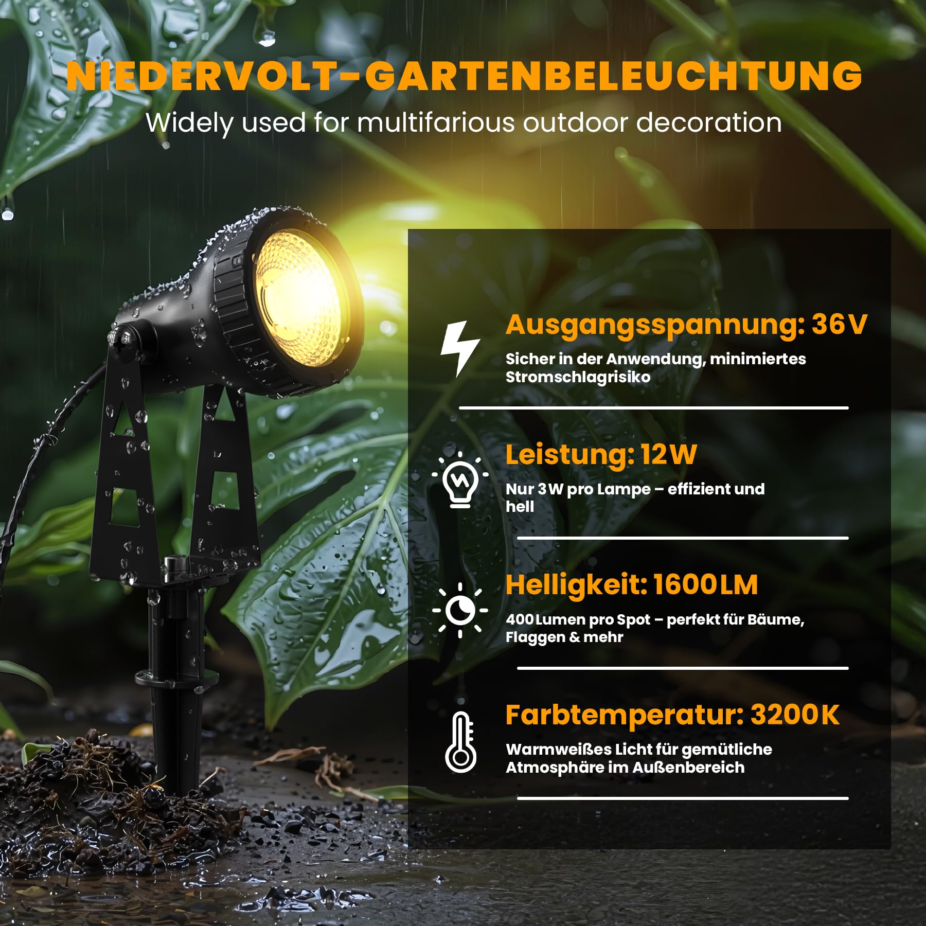 Zuske Gartenbeleuchtung LED Außen, 36FT/11m 4-in-1 Gartenleuchten mit Stecker, Gartenstrahler IP65 wasserdicht Wegbeleuchtung Bodenstrahler für Garten Terrasse Rasen Hof Einfahrt Partei