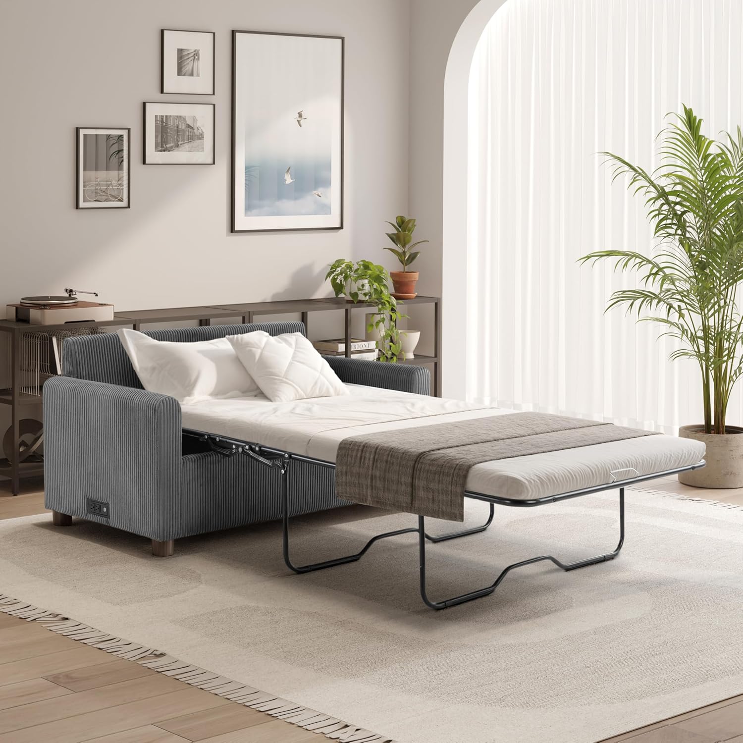 Serta® Darnold 53.5" Pull-Out Sleeper Loveseat, Twin Size, Dreamcoil® Comfort, Memory Foam Pull-Out Mattress, USB-C and USB-A Power Ports, Soft Corduroy Fabric, Grey