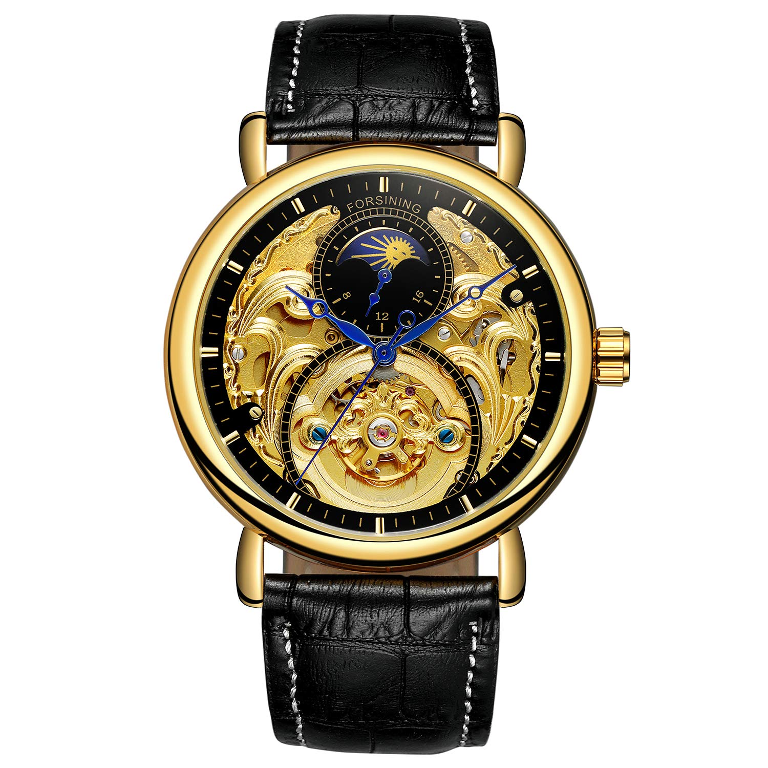 FORSINING Herren Analog Automatik Uhr Vintage AM/PM Sonne Mond Skeleton mit Kalbsleder aus Leder Armband