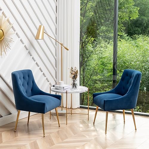 Miniatura 6 de Juego de 2 sillas de comedor, modernas sillas de comedor de terciopelo con patas doradas, elegantes sillas decorativas copetudas para recepción,