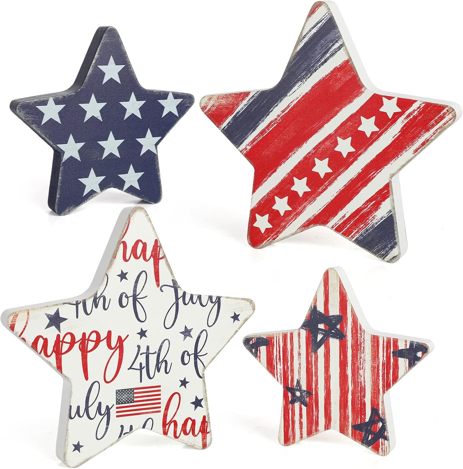COCHIE 4th of July Decorations Wooden Star Set of 4, Labor Day Decor, Patriotic Memorial Day Tiered Tray Decor, Red White and Blue Veterans Day Decorations for Home Office Table Shelf (Shinny)