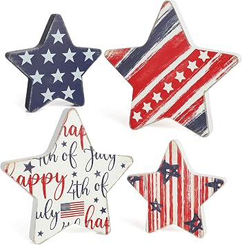 COCHIE 4th of July Decorations Wooden Star Set of 4, Labor Day Decor, Patriotic Memorial Day Tiered Tray Decor, Red White and Blue Veterans Day Decorations for Home Office Table Shelf Patriotic