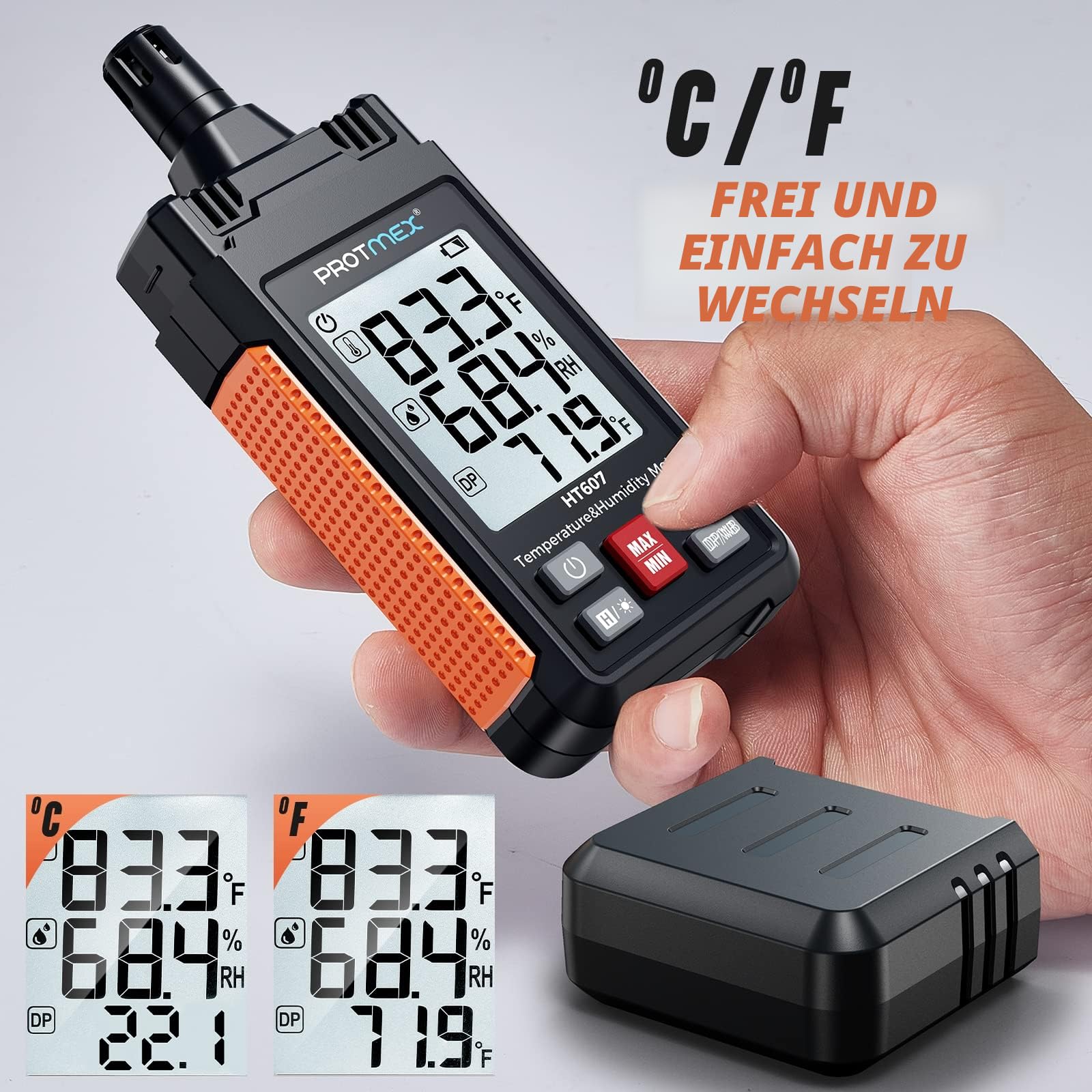 HT607 Temperatur-Feuchtigkeitsmessgerät Hochpräzisionsmessgerät mit Umgebungsluft, relativer Feuchte, Taupunkt, Feuchtkugelthermometer, Min/Max Hold, LCD-Hintergrundbeleuchtung