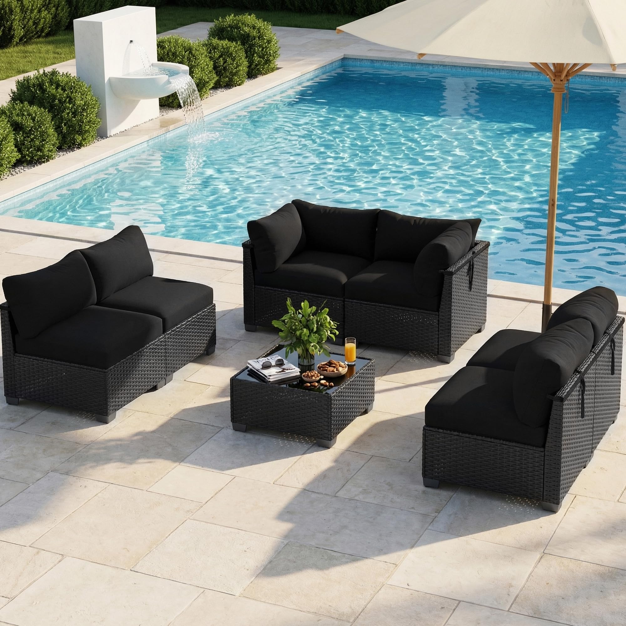YOCONYO Patio Furniture Set, 7-Piece Outdoor Sectional Couch with Coffee Table & Thick Cushions, Outdoor Wicker Conversation Set for Backyard, Poolside, Garden (Crossbody Black-Black, 7 Piece-Single) : Patio, Lawn & Garden