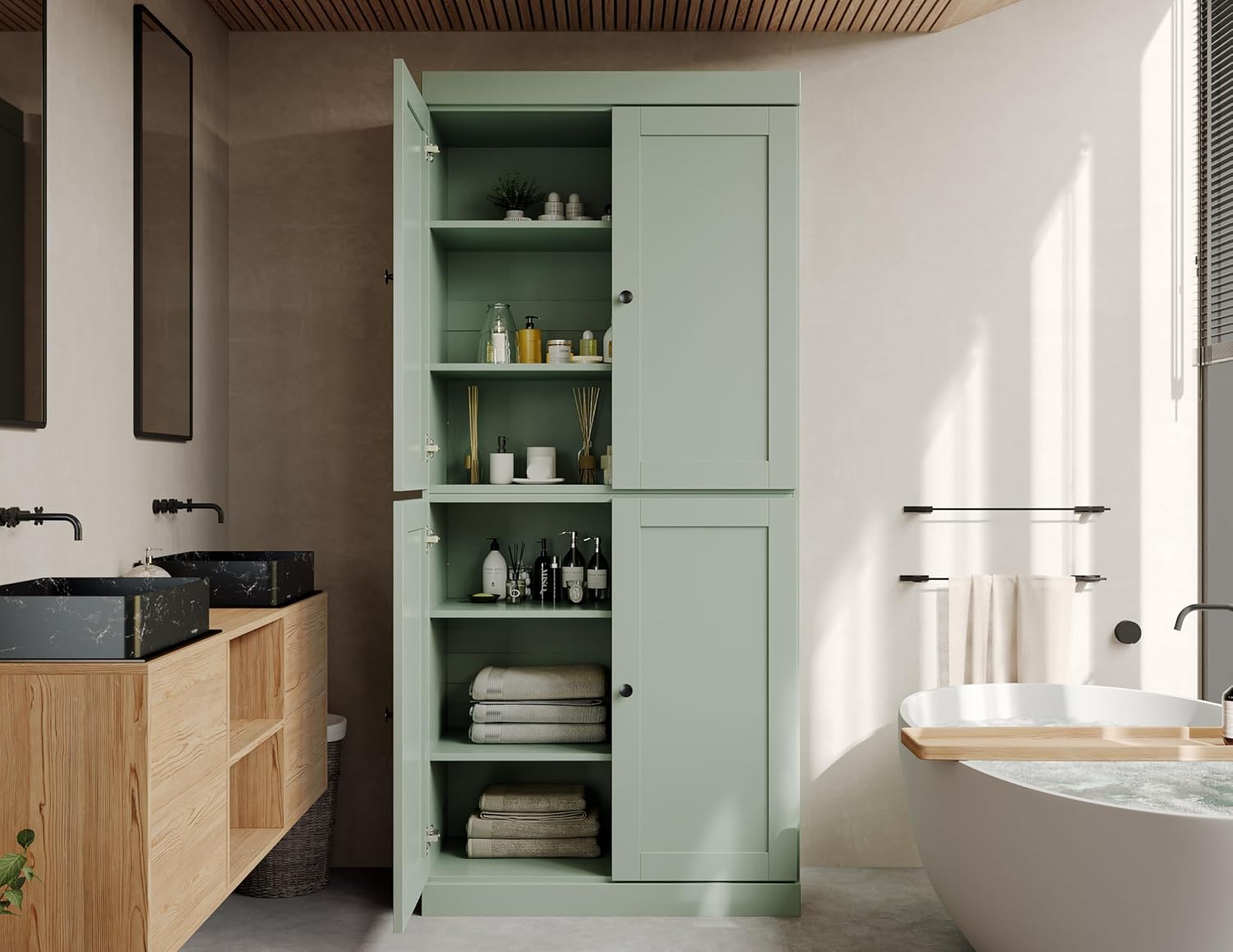 Palace Imports Solid Wood Tall Bathroom Pantry Cabinet with 4 Shaker Doors & Adjustable Shelves, Sage - 100% Eco-Friendly, Renewable, Space-Saving Storage, 71.5" H x 32" W, Made in Brazil