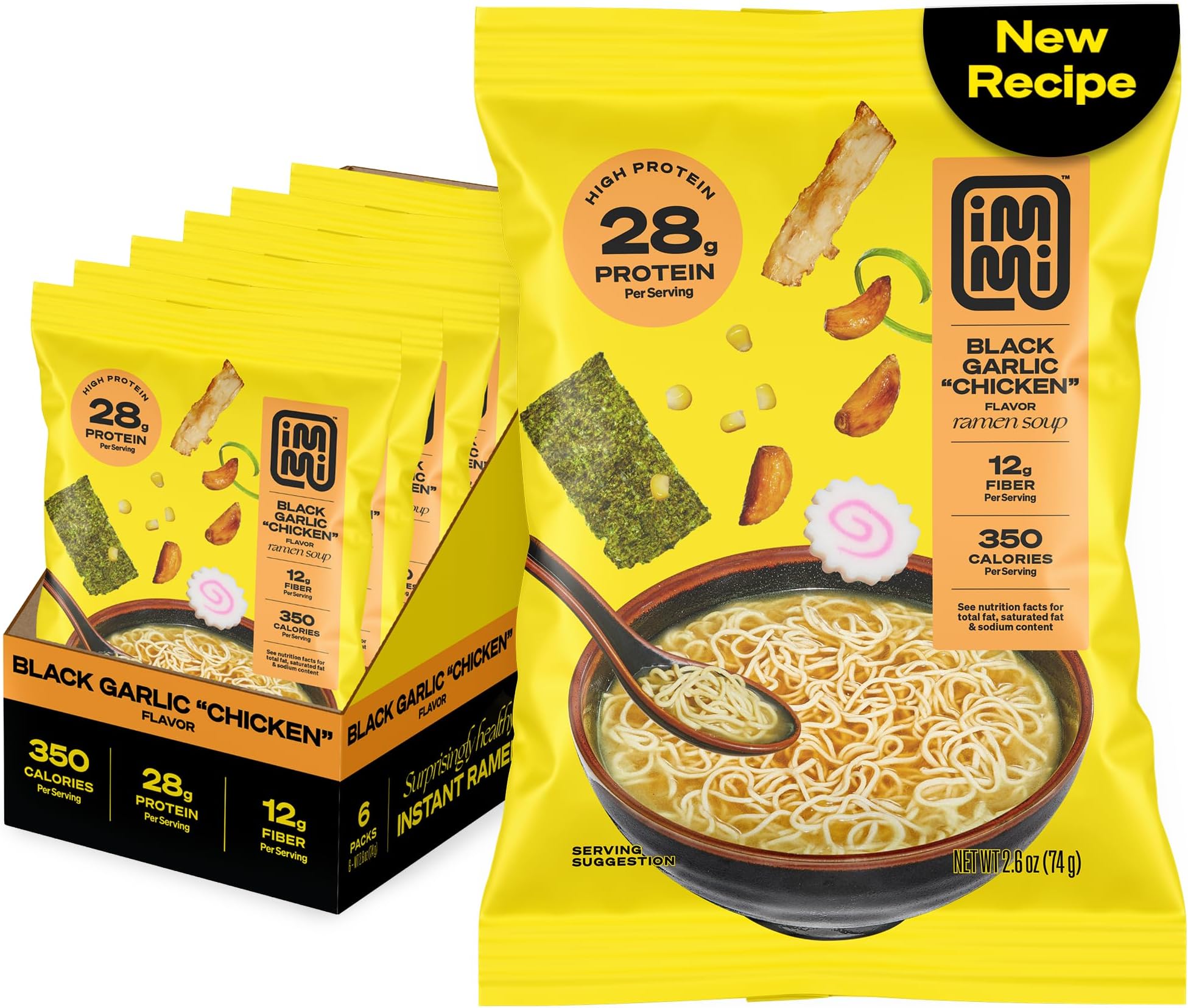 immi Black Garlic “Chicken” Ramen – Bold Flavor, Chewier Noodles & High Protein – Vegan, Keto-Friendly Ramen Noodles – Low Carb, Zero Sugar – Healthy Plant-Based Ramen Bowl, 6-Pack
