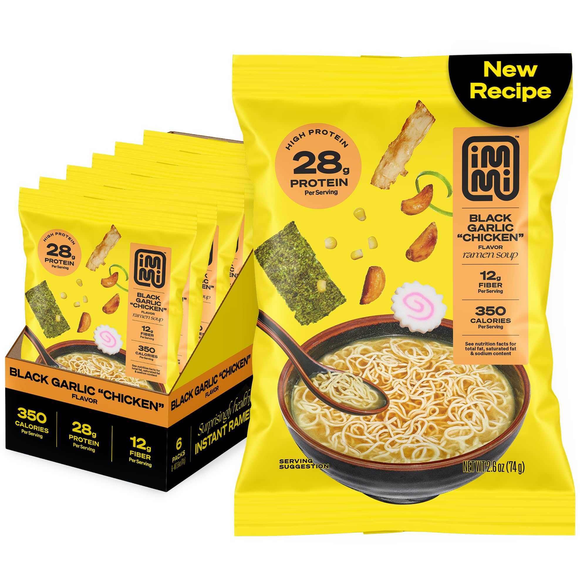 immi Black Garlic “Chicken” Ramen – Bold Flavor, Chewier Noodles & High Protein – Vegan, Keto-Friendly Ramen Noodles – Low Carb, Zero Sugar – Healthy Plant-Based Ramen Bowl, 6-Pack