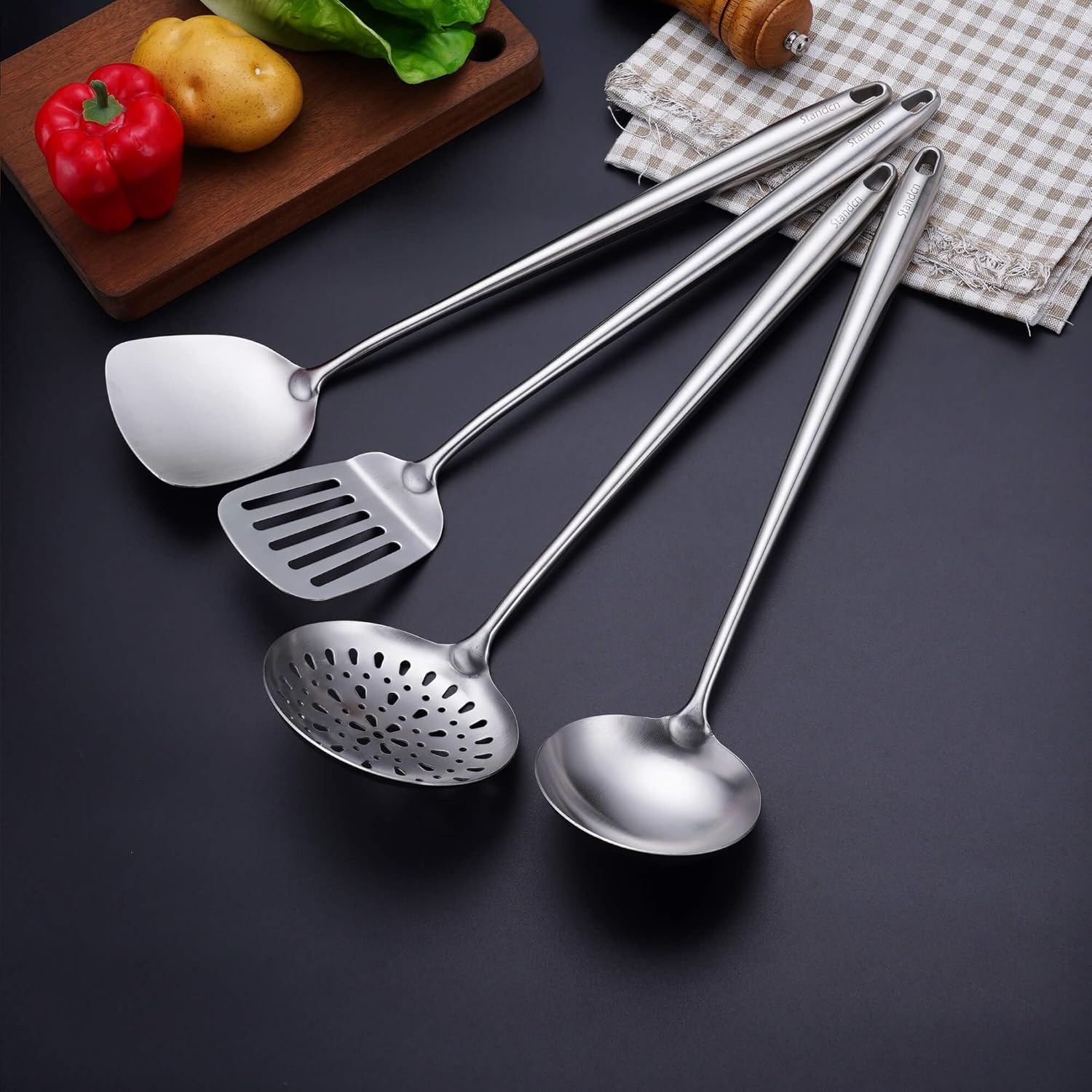 304 Stainless Steel Kitchen Utensils Set - 17” All Metal Cooking Tools, 6-Pcs Extra Long Handle Utensils with Spatula, Soup Ladle, Skimmer Spoon, Slotted Spatula Turner, Spaghetti Server, Solid Spoon