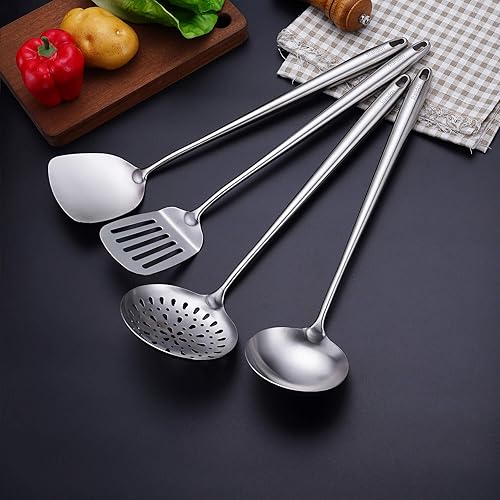 Miniatura 7 de Espátula y cucharón para wok de 17 pulgadas, cuchara espumadora, espátula ranurada, juego de utensilios de cocina de acero inoxidable 304, 4 piezas