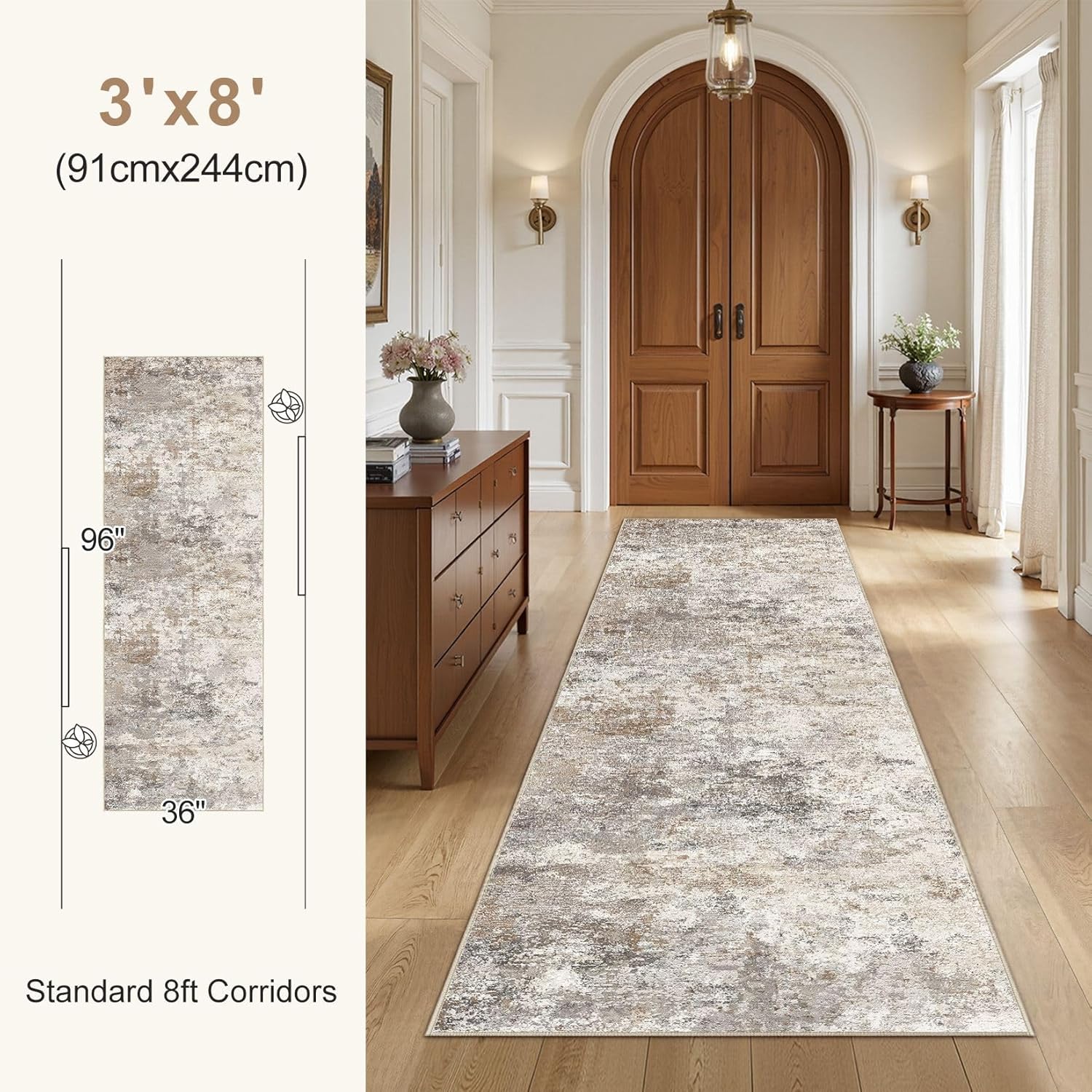 3X8 Washable Runner Rug for Hallway: Soft Neutral Modern Abstract Area Rug - Non-Slip Low Pile Long Throw Indoor Carpet for Kitchen Entryway Kitchen Bedroom Laundry Bathroom - Brown Grey