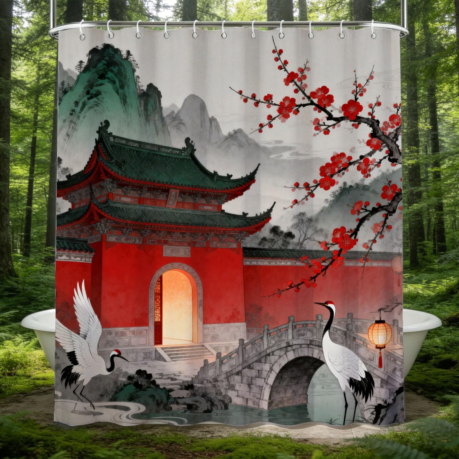 Hongduo 3D Chinese Architecture Shower Curtain for Stalls Bathtubs Crane Bathroom Decor Shower Curtain Set Polyester Fabric Waterproof 180x180cm/71X71 Inch with Hooks
