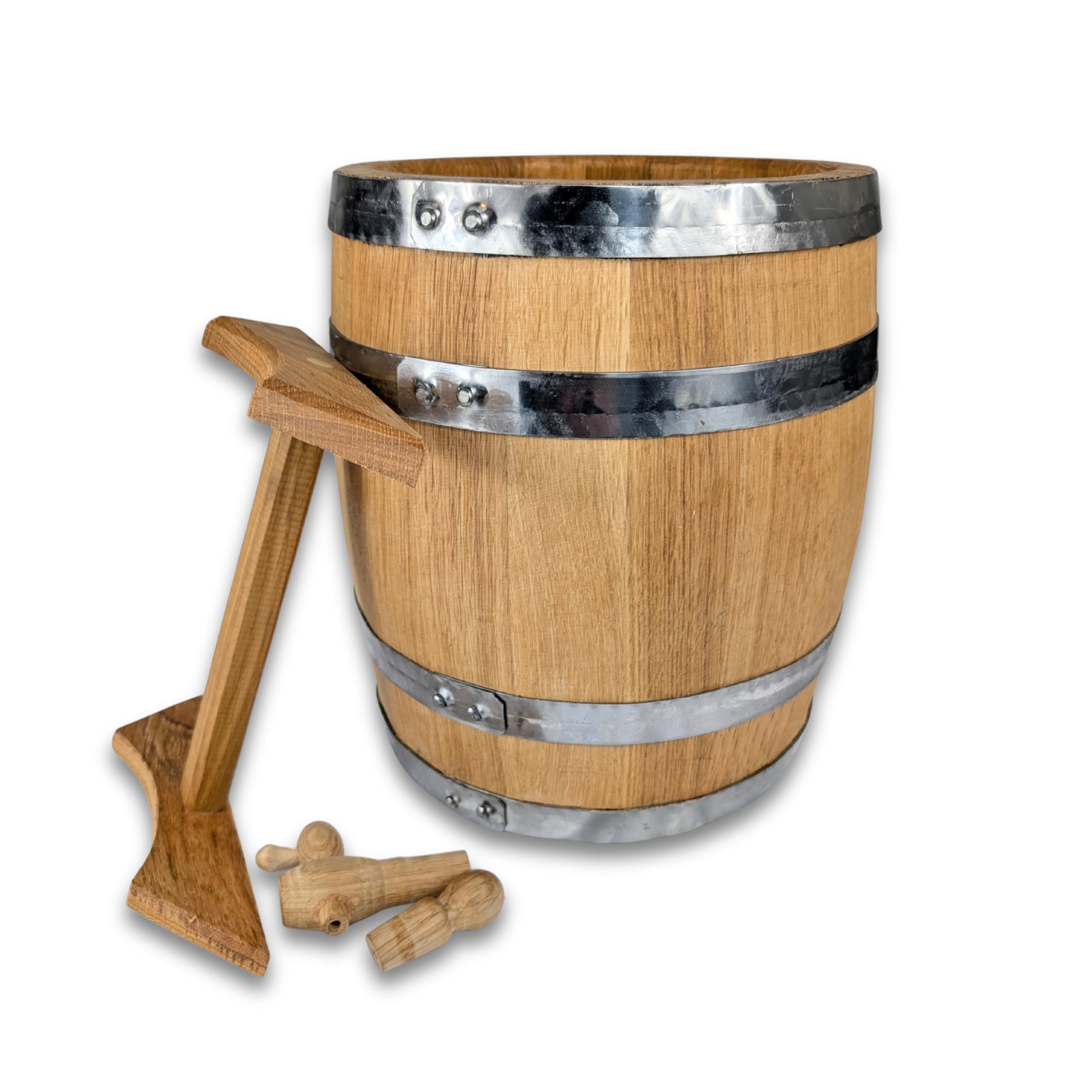 Eichenholzfass mit Holzhahn 10 Liter – Handgefertigtes Holzfass aus Stieleiche für Whisky, Wein, Rum & Schnaps – Innen ausgebrannt (Medium+), Edelstahlreifen, gewachst