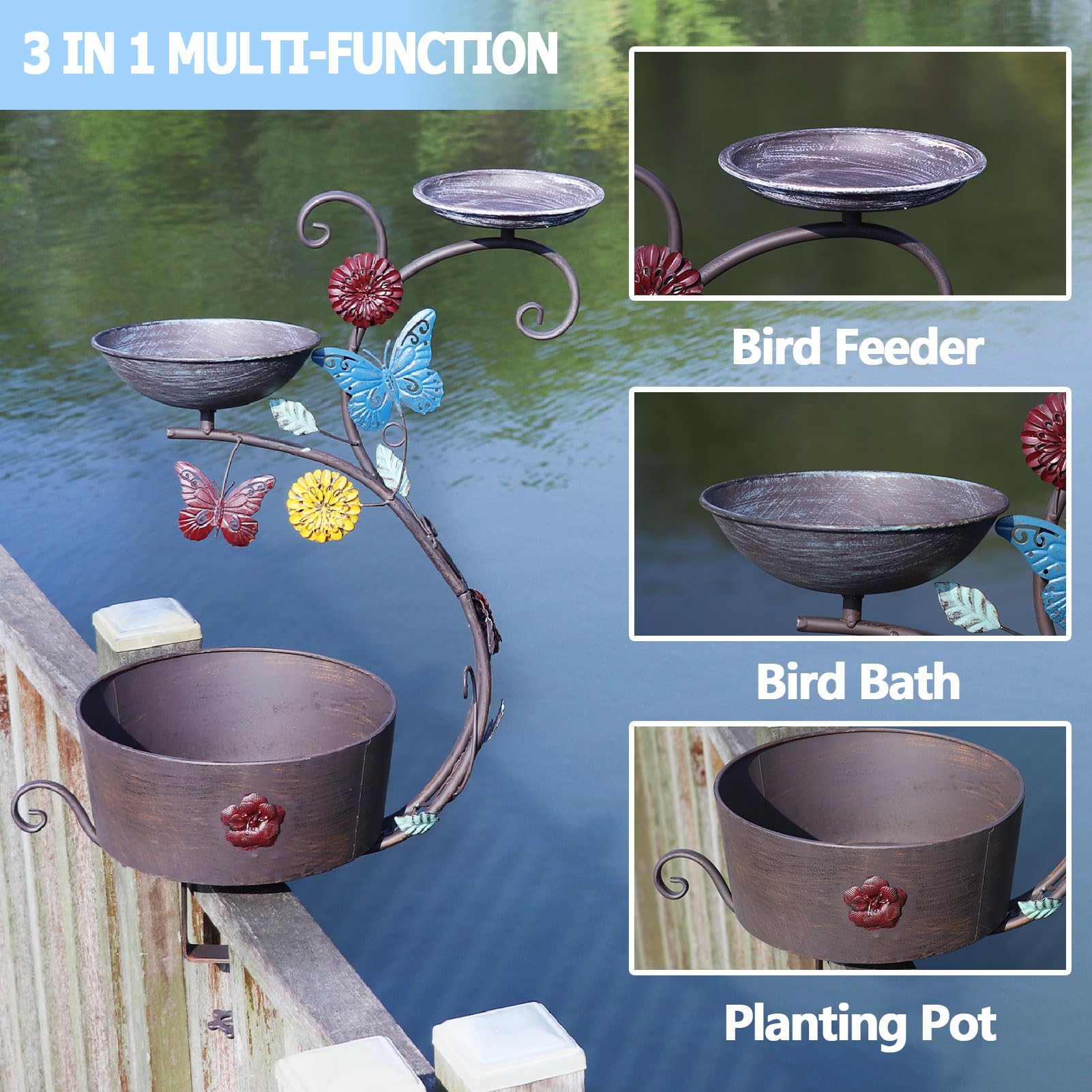 HLQMFHT Baño para pájaros de cubierta, baño para pájaros y comedero para pájaros, pedestal para plantar flores, baño para pájaros montado en la cubierta, para jardín, balcón, patio, decoración de