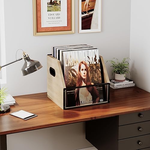 Miniatura 7 de Homeiju Almacenamiento de discos de vinilo, caja de discos de metal y madera, con capacidad para hasta 60 álbumes, color beige