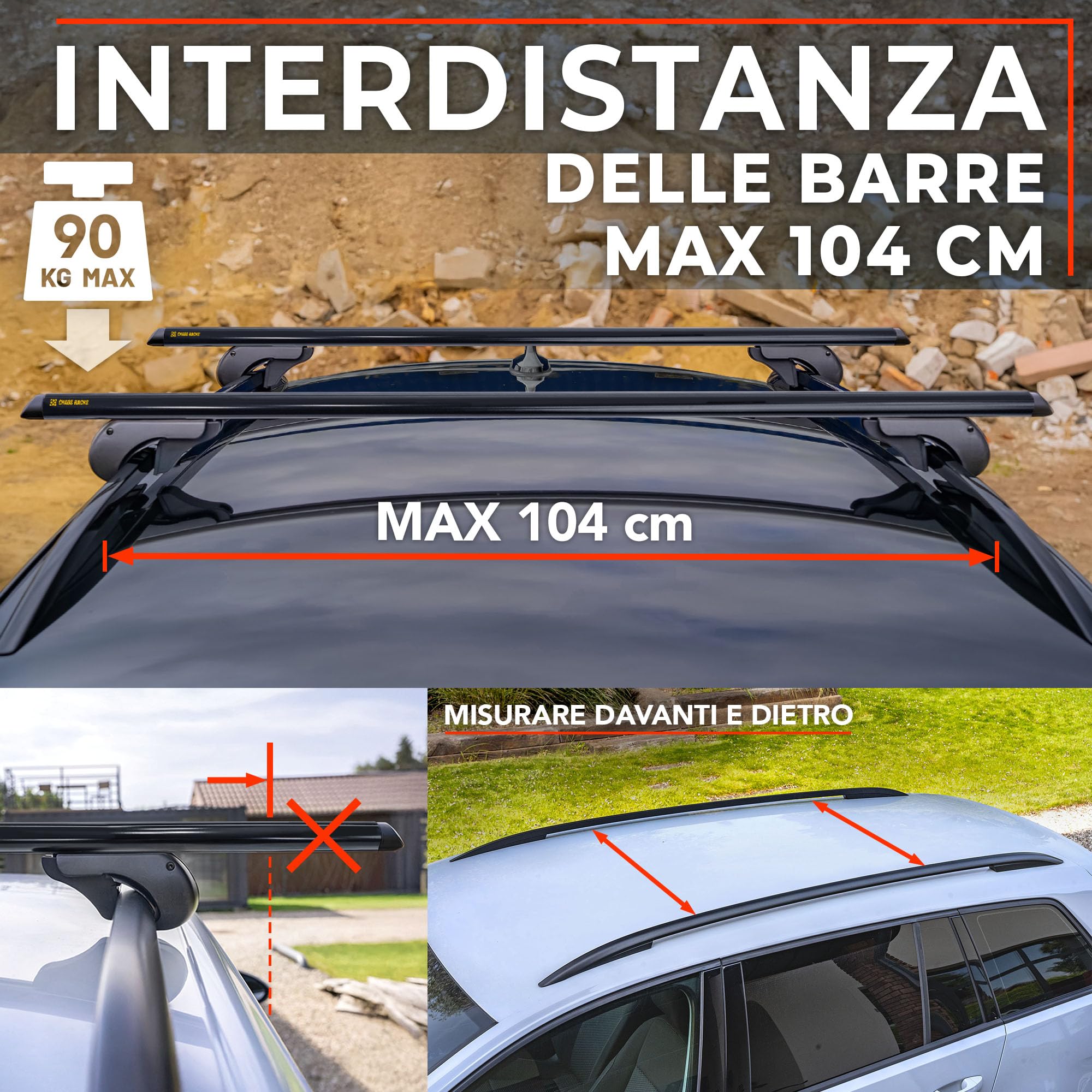 CHAOS RACKS | Universale Portapacchi da Tetto per Barre Longitudinali Aperte; Barre Portatutto | Trasporta in Sicurezza Box da Tetto, Portabici | Struttura Leggera e Resistente in Alluminio | 120 cm