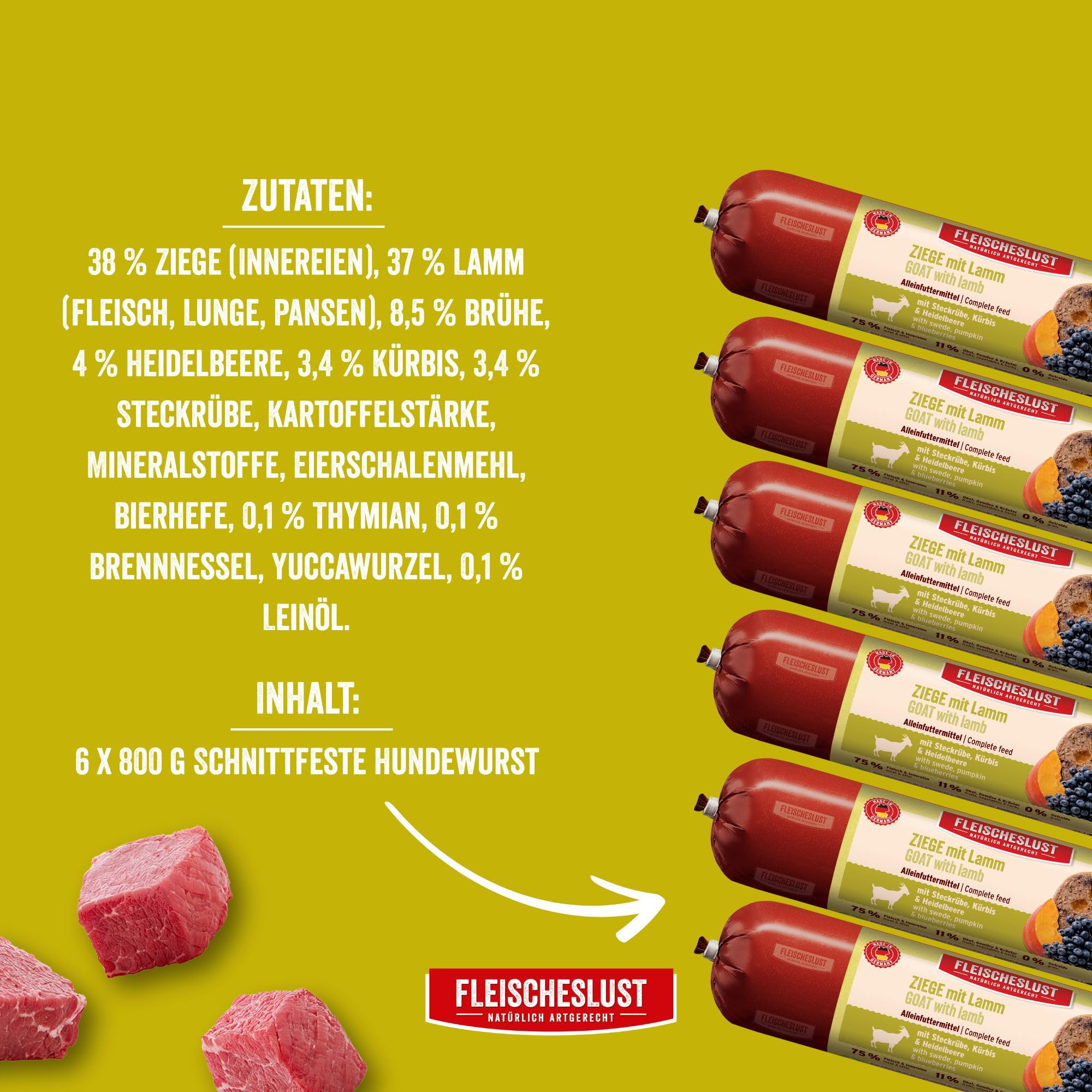 Fleischeslust Salchicha para perros | cabra y cordero con colinabo, calabaza y arándano, caja de alimentos (6 x 800 g) | comida húmeda | resistente a los cortes | sin cereales | pienso completo para