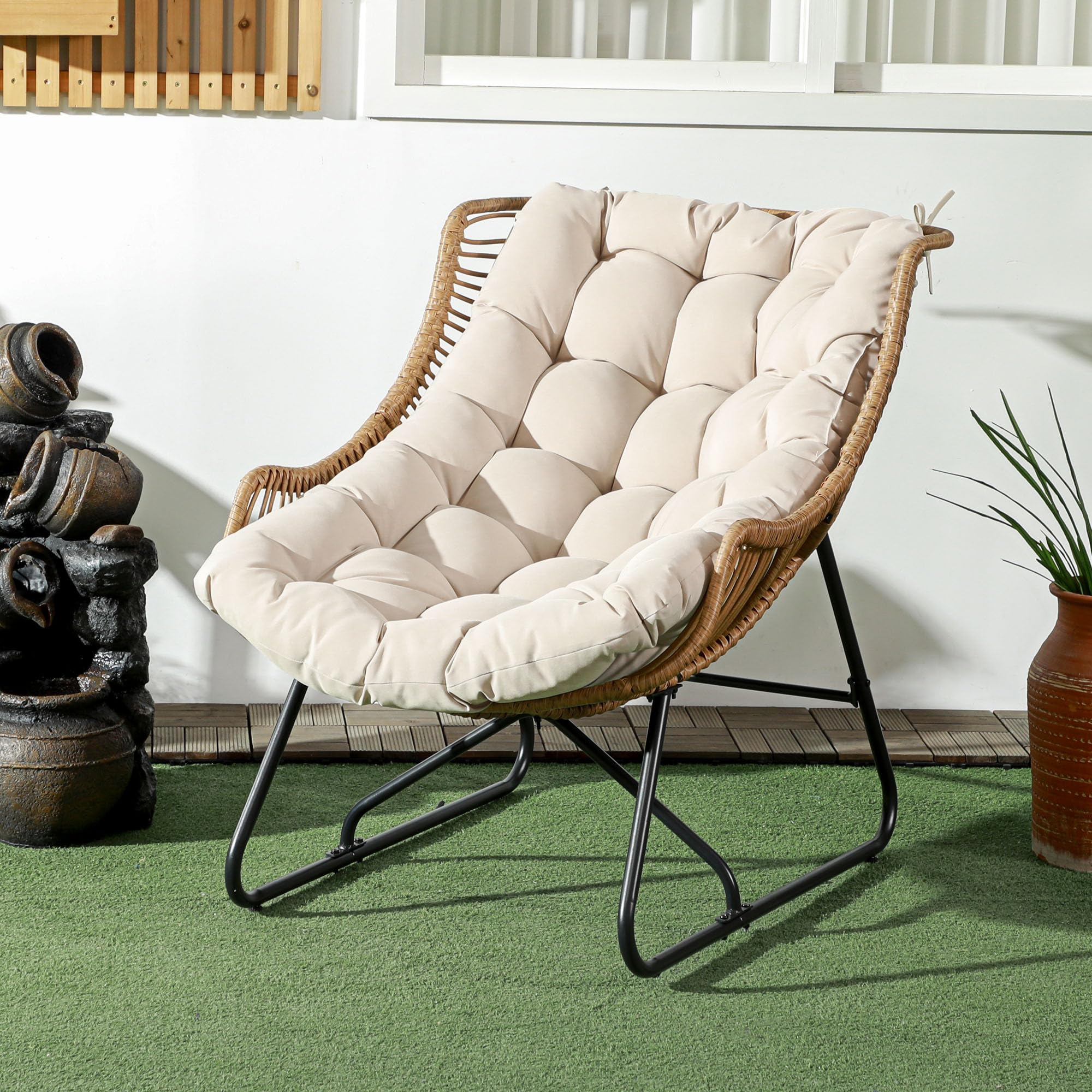 Outsunny Rattansessel mit Dicke Kissen Bänder Stahlrahmen, gepolsterter Outdoor Sessel aus Polyrattan, Korbsessel bis 120kg, Gartensessel Gartenstühle für Garten Balkon Veranda Terrasse Khaki