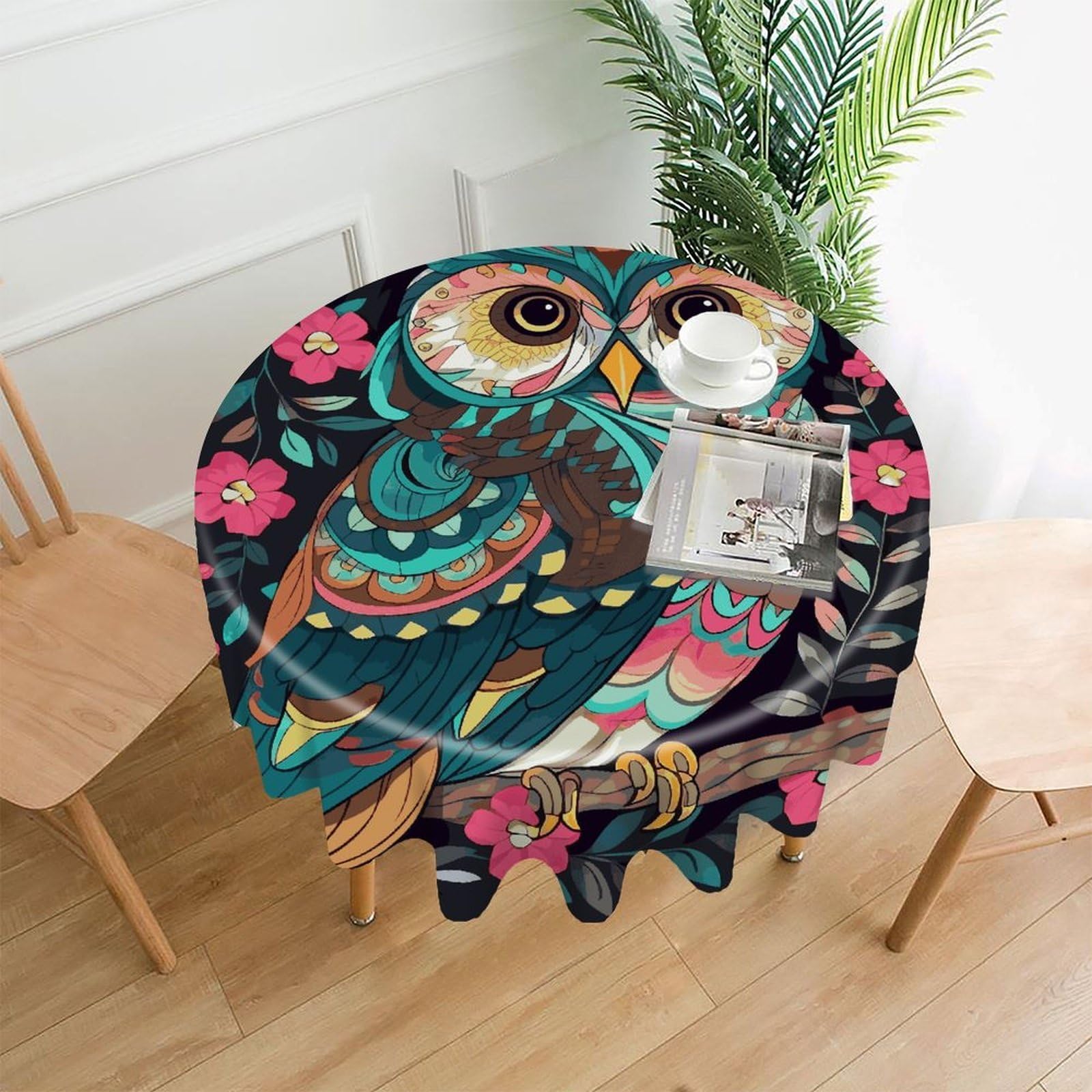 FekiLoot Anime Owl Round Tablecloth Cover 60 Inch Wrinkle Free Washable Polyester Fabric Table Cover Decorative Round Table Cloth for Home Dining Kitchen Party Farmhouse