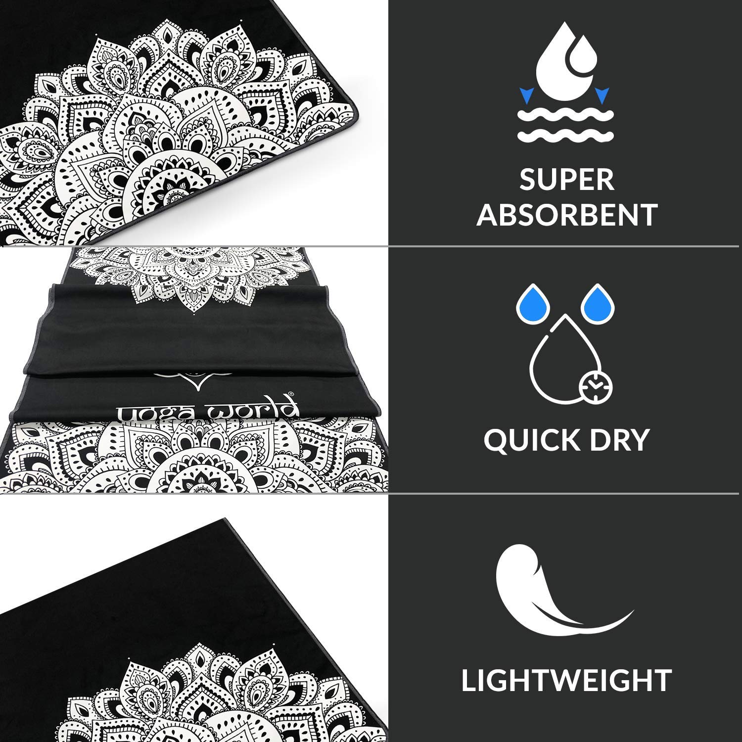 Yoga World Yoga Towel - Thick, Soft, Sweat Absorbent, Nonslip Exercise cloth Made with Microfiber Fabric - For Bikram, Pilates, Beach & Home Workout - Machine-Washable - 72 x 24 