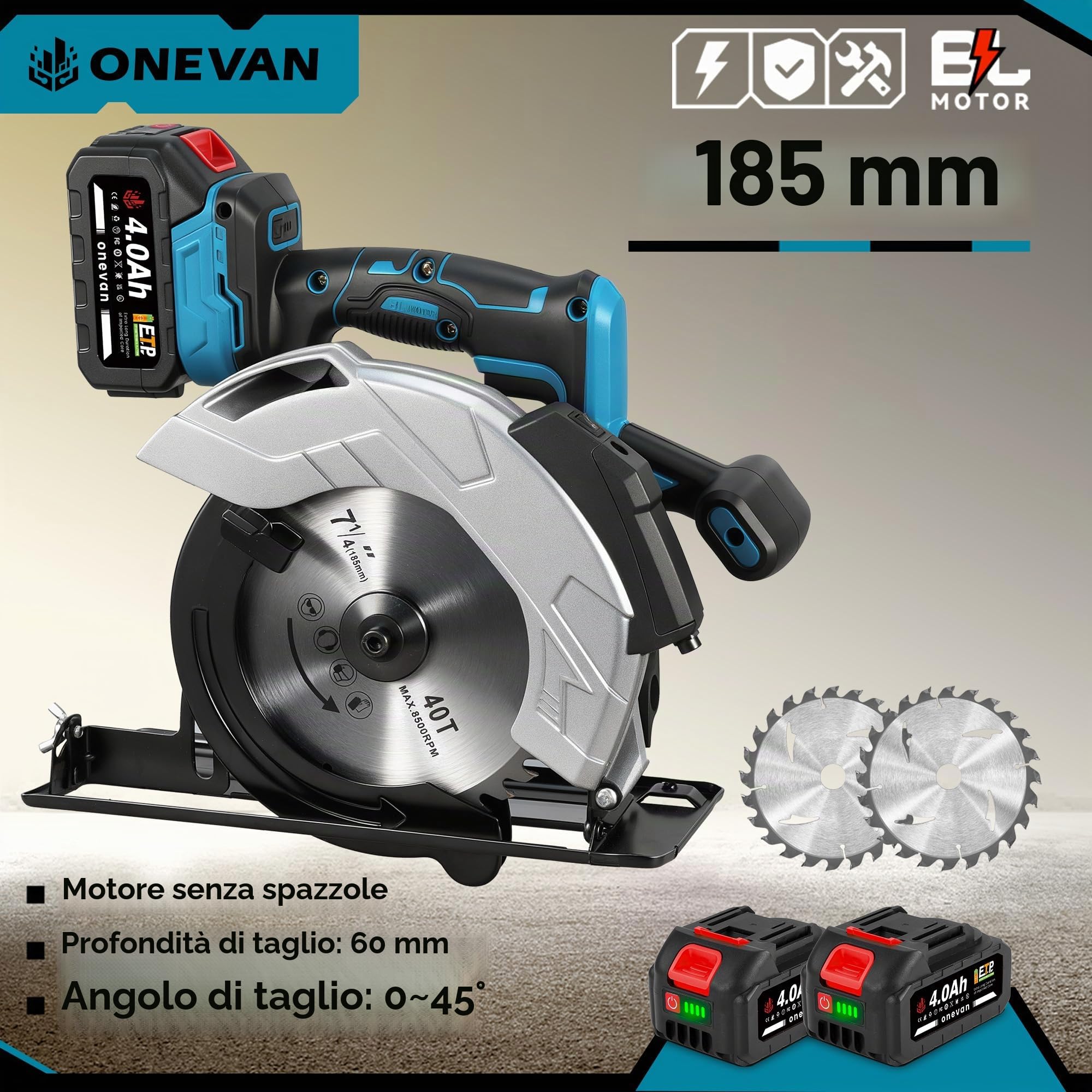 ONEVAN Sega Circolare a Batteria con Laser 125mm Profondità 60mm e 2x4.0Ah | Guida laser precisa, 1200W motore senza spazzole, 0-45° taglio inclinato, 4000 giri/min, Per legno, plastica & metalli