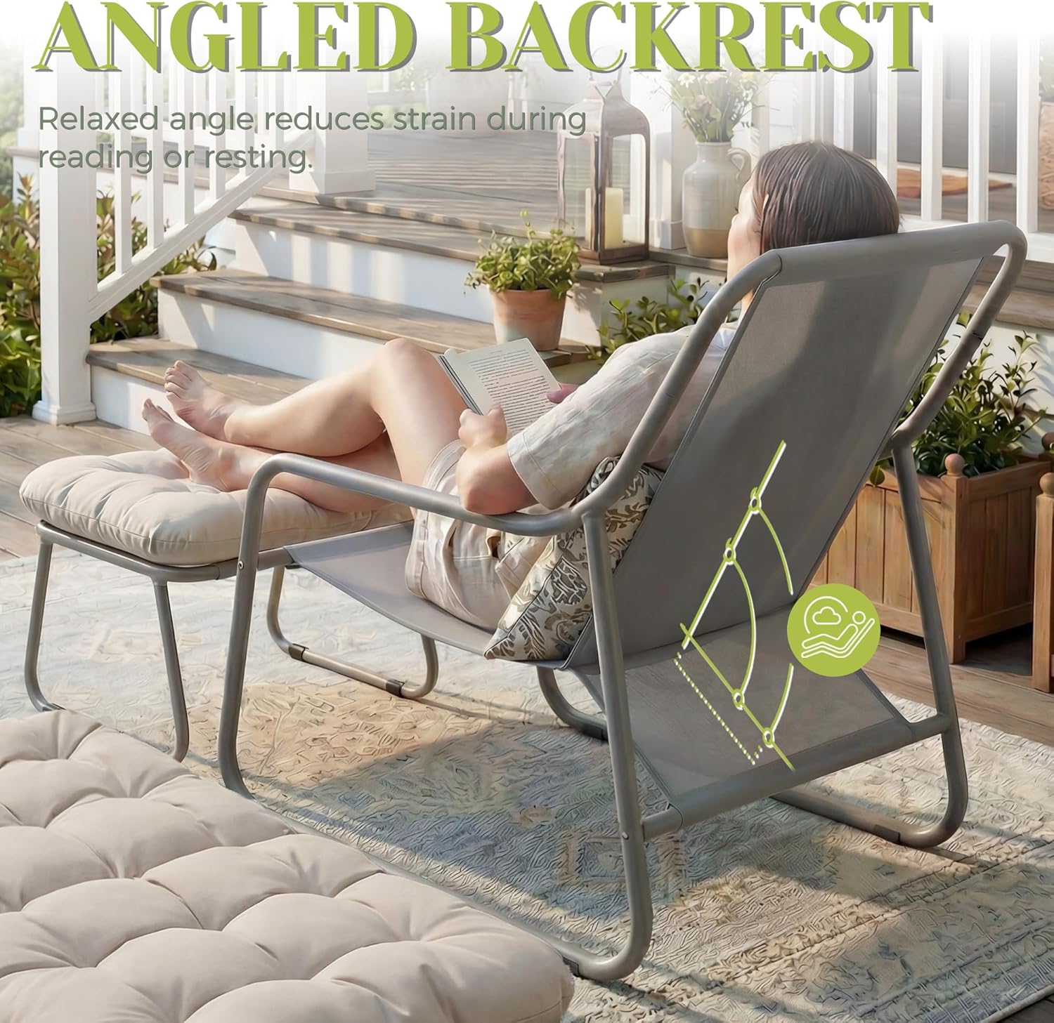 RADIATA Modern Outdoor Lounge Chair with Ottoman, 4" Thick Cushion Patio Lounge Chair with Reclined Back and Armrests, Heavy-Duty Reading Lounge Chair for Porch Balcony Garden Backyard, Beige