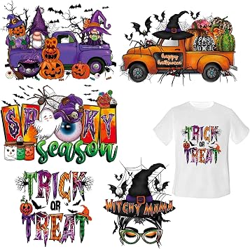 Halloween Iron on Patches for Clothing Pumpkin Witch Ghost Heat Transfer Sticker Decals 5 Sheets Cute Iron on Vinyl for T Shirt Jackets Jeans Backpacks A-Level Washable Stickers