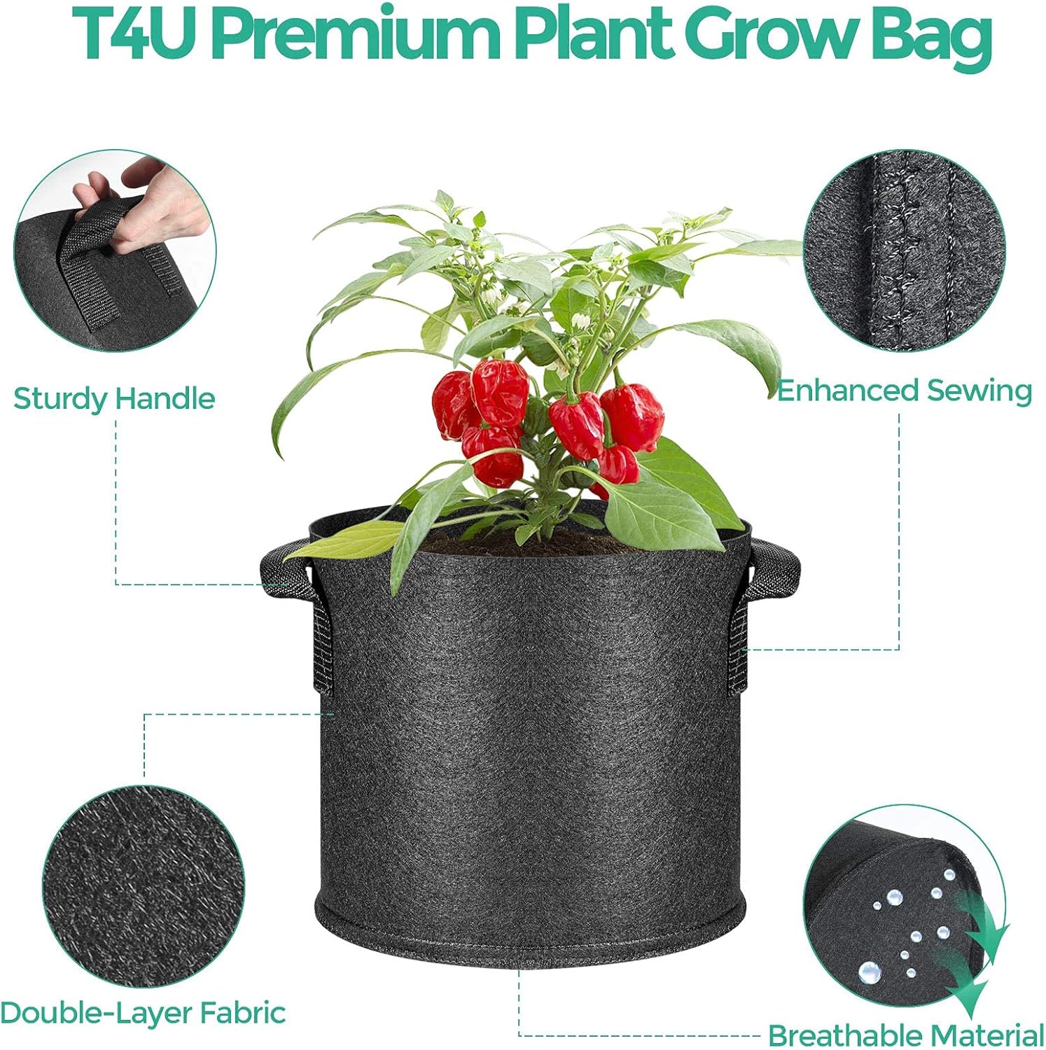 T4U 5-Pack 5 Gallon Fabric Grow Bags with 5-Pack 3 Gallons Heavy Duty Nonwoven Pots Grow Bags