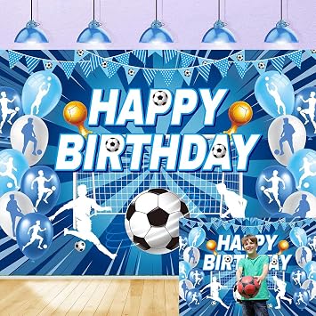 XCKALI Blue Soccer Happy Birthday Photography Backdrop 8x6FT