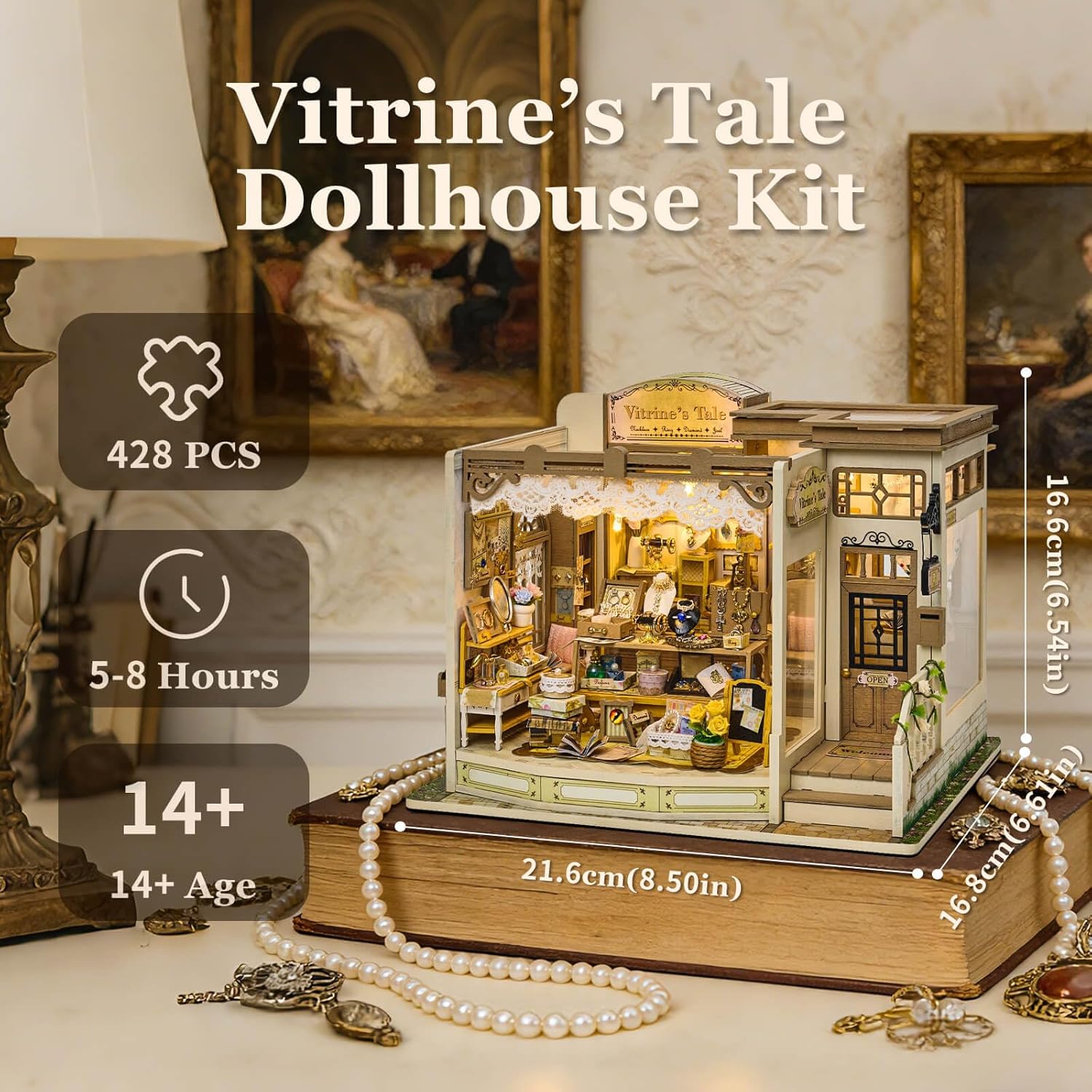 fifijoy DIY Miniature Dollhouse Kit - Jewelry Shop DIY Miniature House Kit for Adults and Teens, 3D Wooden Puzzle Tiny House Model with LED Light, Unique Gift for Family, Friends (Vitrine’s Tale)