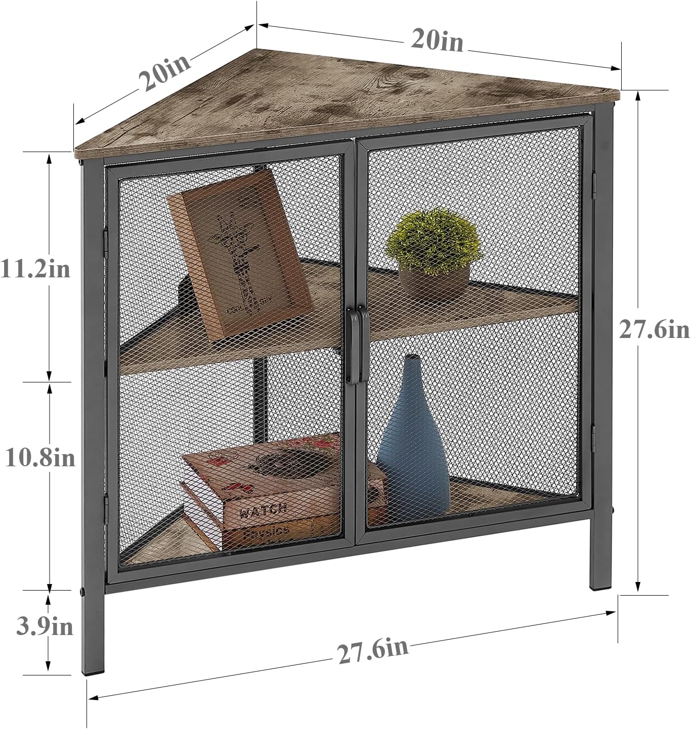 VECELO Corner Cabinet/Table, 3-Tier Shelves with Protection Door, Metal Frame Storage Shelf Organizer for Small Space, Living Room, Kitchen, Bathroom, Set of 1, Grey Set of 1 Grey Cabinet/Table