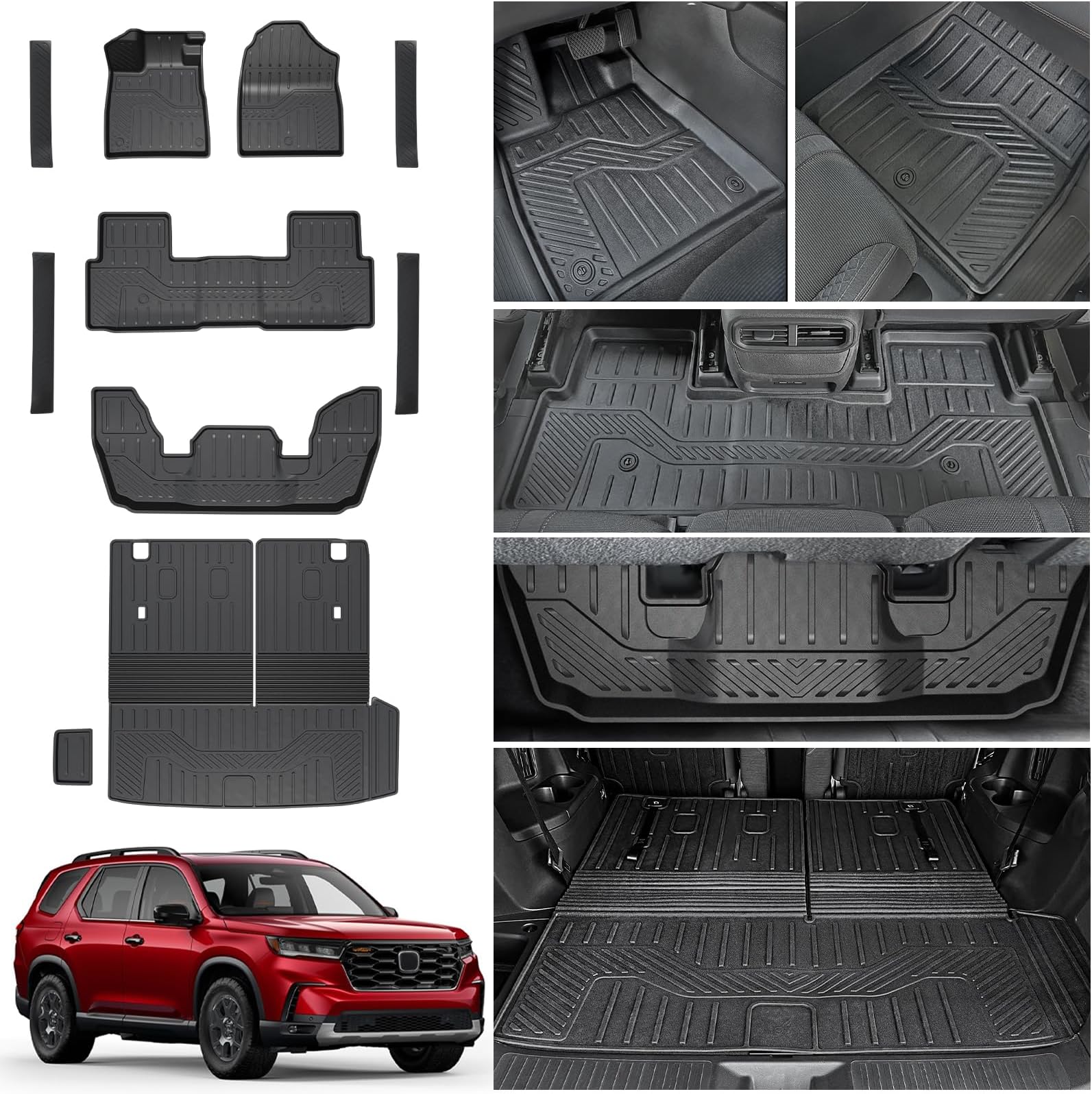 Floor Mats for Honda Pilot 2023-2025 2026, Cargo Mat with Backrest Mat All Weather TPE Cargo Liner Replacement Protection for Honda Pilot Accessories Door Sill Guards