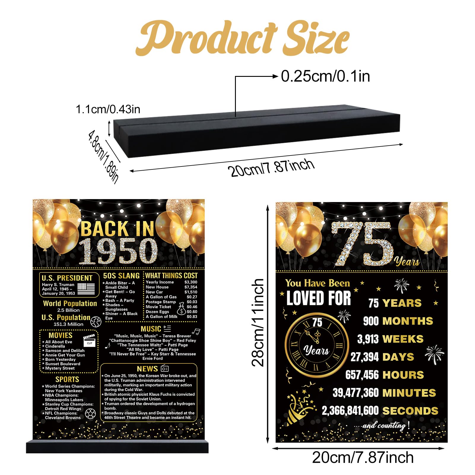 Trgowaul 75th Birthday Anniversary Decorations Women Men, Black Gold Back in 1950 Birthday Poster Acrylic Table Sign with Stand, 75 Birthday Decor Gifts Men, Vintage 1950 75 Years Ago Poster Decoration