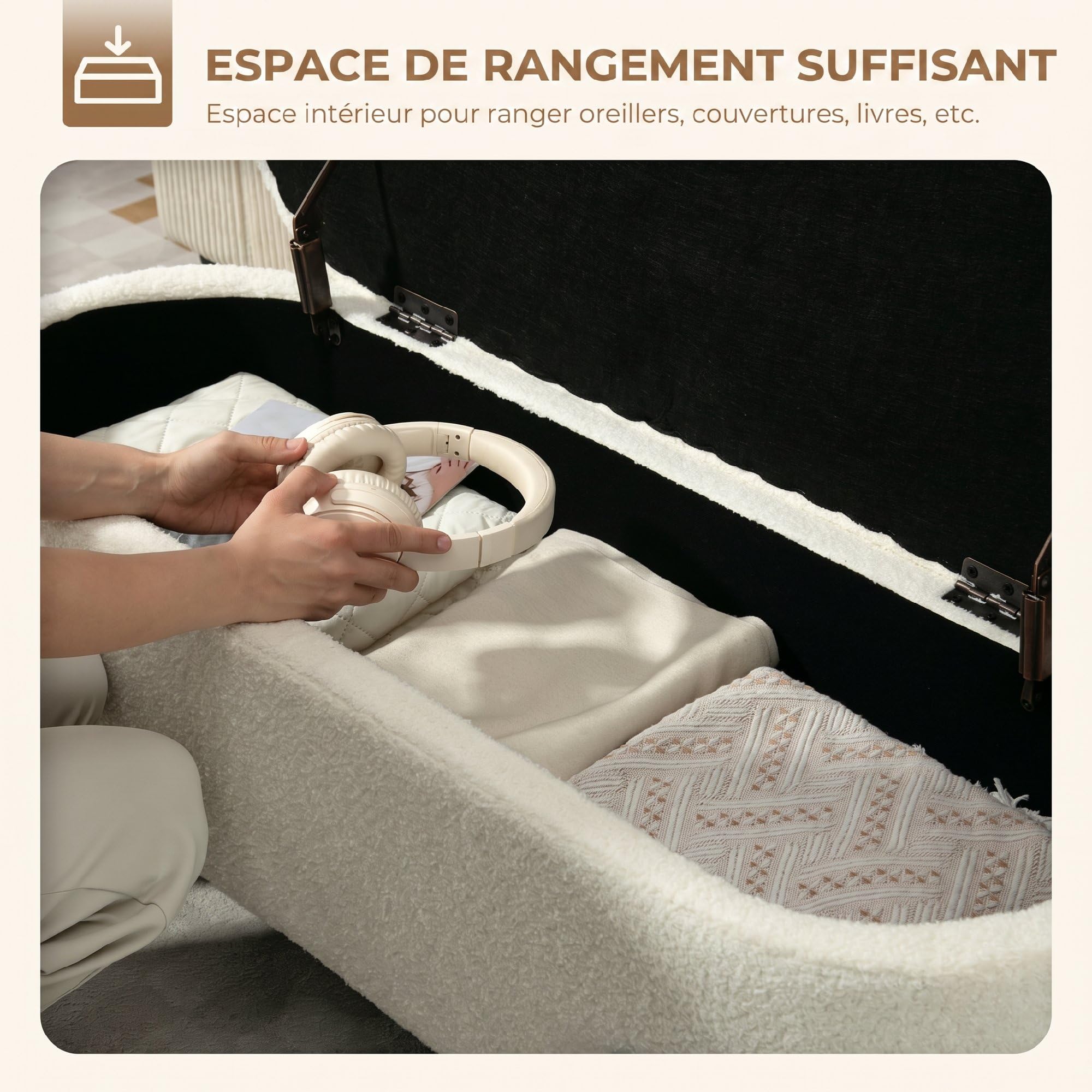 HOMCOM Banc de Rangement en Tissu Bouclette 114,5 x 40 x 48 cm Crème