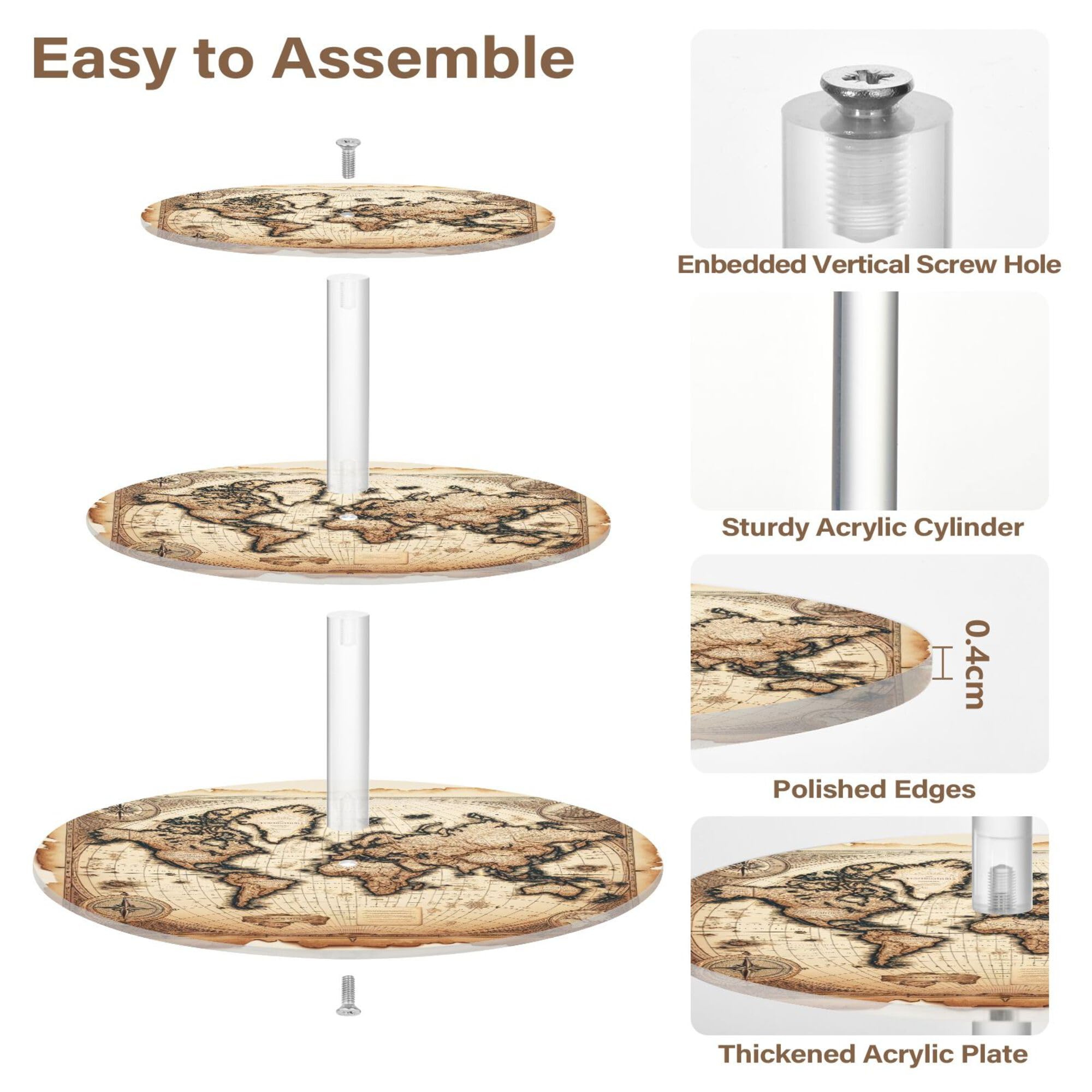 PYBUG World Map 3 Tier Acrylic Cupcake Stands Tower,Dessert Table Display Set for Tea Party,Wedding,Birthday, Baby Shower