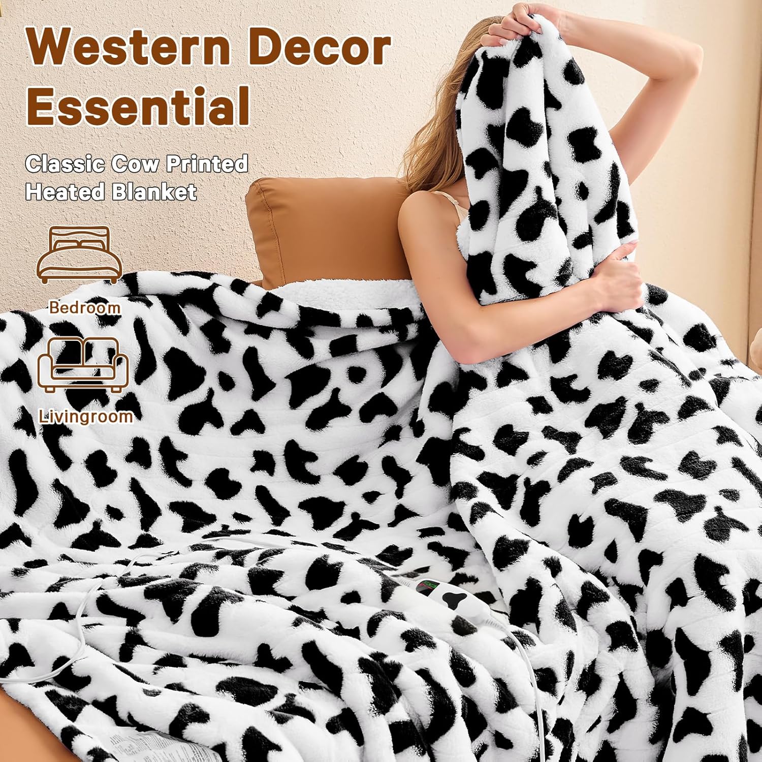 Black Heated Electric Blanket Throw,50X60 Cow Print Heating Blanket with 10 Heats Levels & 8 Hours Auto Off,Cute Cow Decor Stuff Soft Fleece Sherpa Blankets Warmer Gifts for Women Washable - Image 5