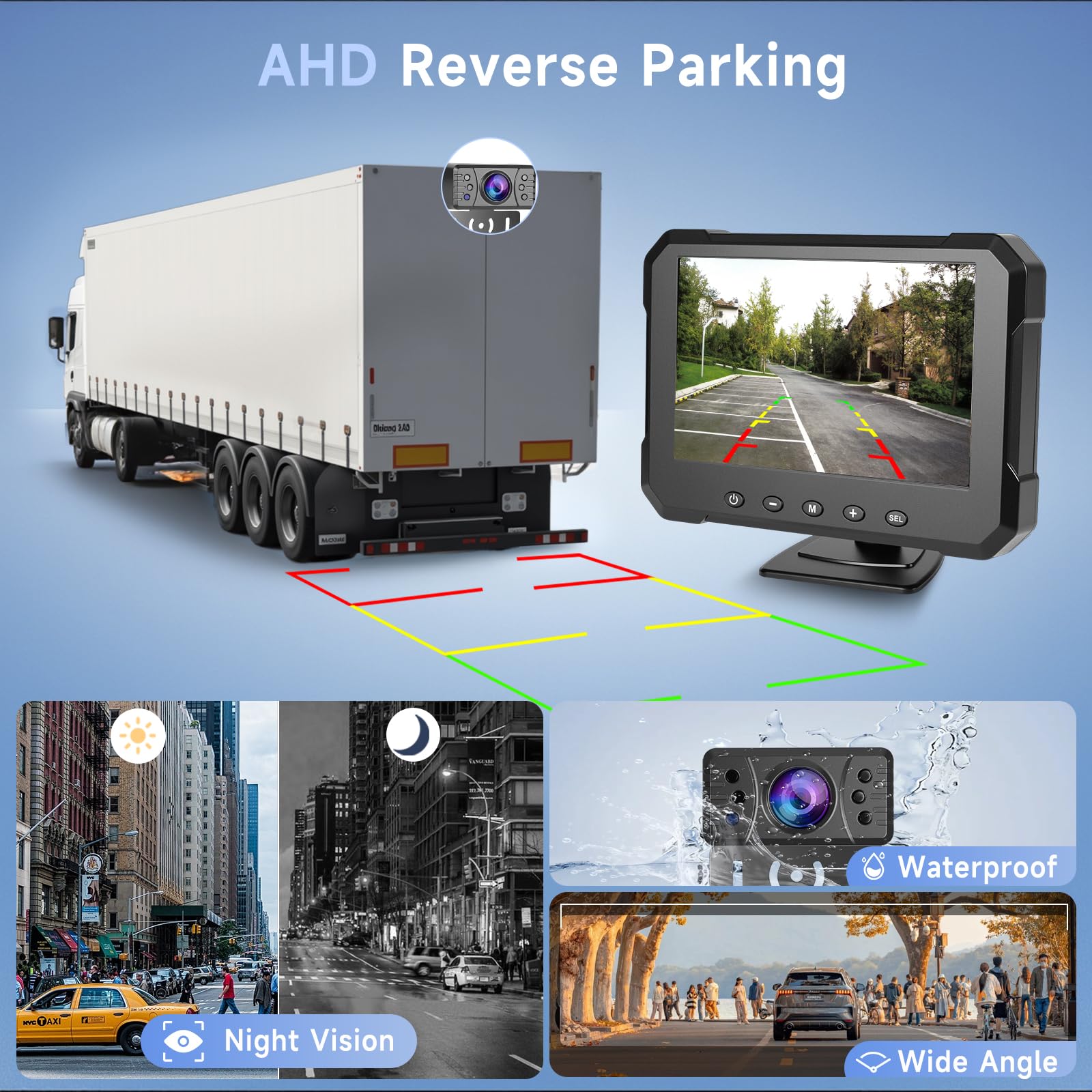 Hodozzy Telecamera Posteriore Digitale Senza Fili 7 Pollici IPS Monitor Kit AHD Telecamera Retromarcia Impermeabile Visione Notturna Registrazione Video Telecamera Posteriore Auto Senza Fili 12V-36V