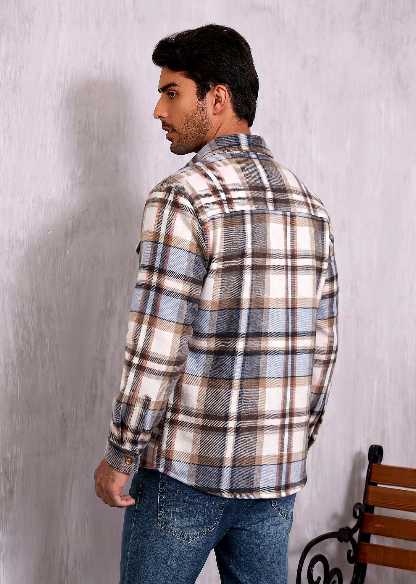 WINDFIT Flanell-Hemdjacke für Herren, Baumwolle, Sherpa-Futter, Knopfleiste, kariert, weich, Outdoor-Flanelljacke
