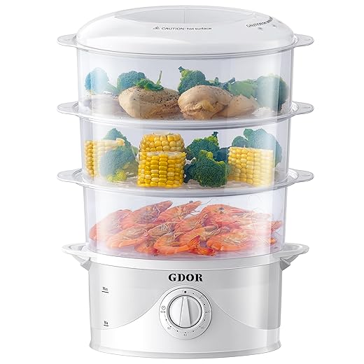 GDOR 3 Tier Electric Food Steamer for Cooking, 800W Vegetable Steamer for Fast Simultaneous Cooking, Dishwasher Safe, Boil Dry Protection, 60-Minute Timer, BPA-Free, 9.6 QT, White