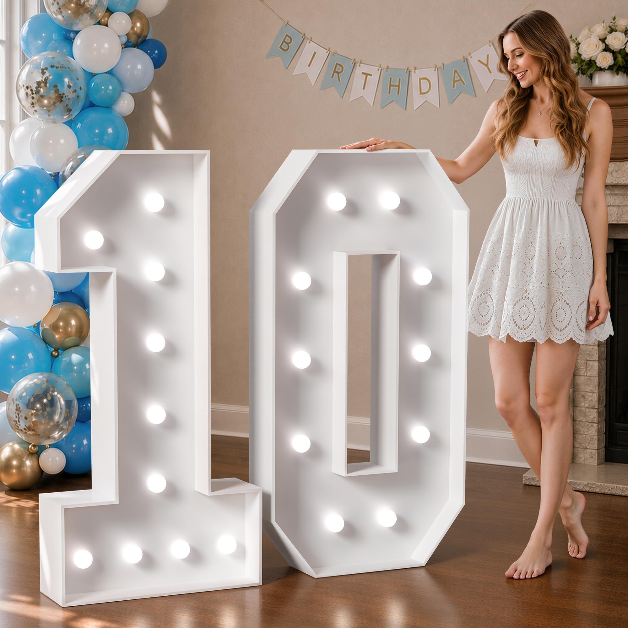 Marquee Numbers 4 Feet Tall Big Light Up Numbers 10th Happy Birthday Decorations Girl Boy White Anniversary Party Decor Large Cardboard Prop Backdrop Sign 10