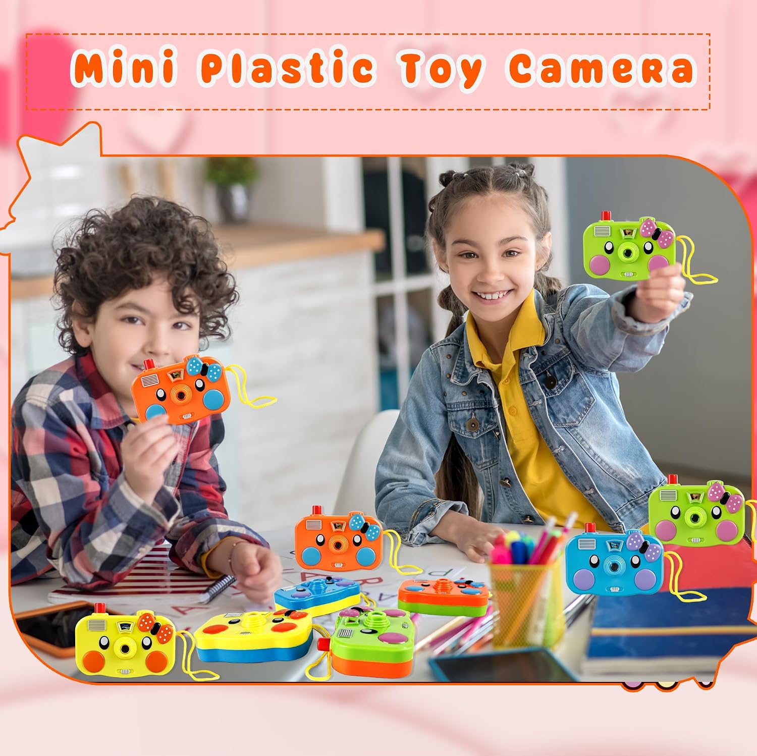 12 Pcs Camera Toy Set Plastic Camera with 8 Patterns Lmages in Viewfinder Mini Toy Camera for Party Favors Goodie Bag Return Gifts, 4 Colors