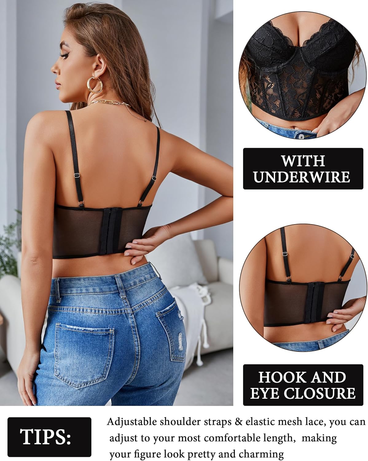 Avidlove Lace Bralette for Women V Neck Bustier Corset Tops with Underwired Racerback Adjustable Strap Crop Top - Image 4