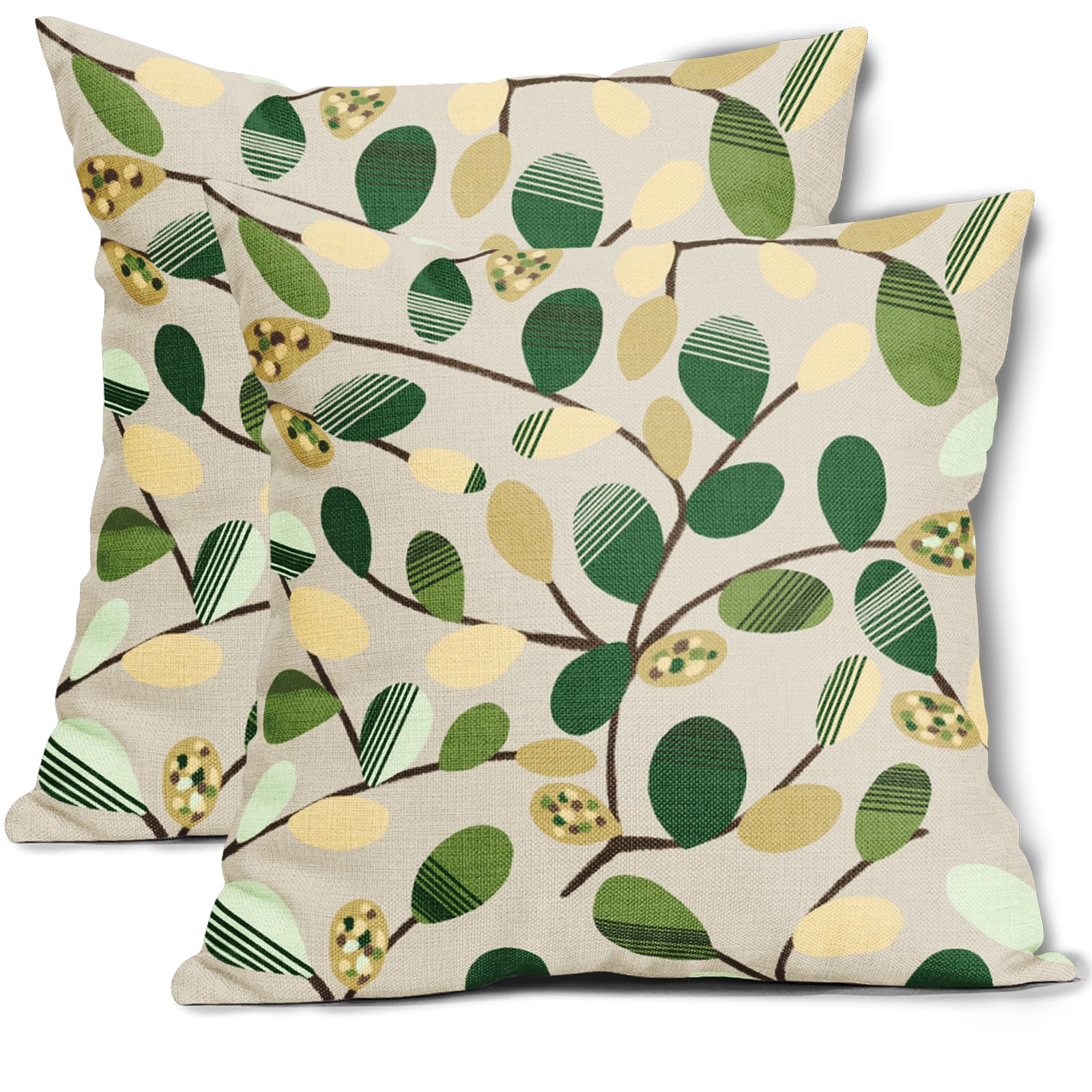 Green and Cream Leaf Throw Pillow Covers 24x24 Inch Set of 2 Lime Green and Beige Cushion Case Forest Green Pillow Case Sage Green Throw Pillowcovers