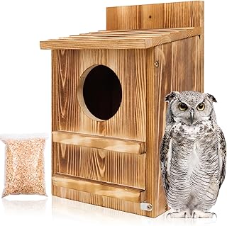 Owl House,Carbonized Cedar Large Owl Bird Nesting Box with Shavings for Outside Wildlife Lovers,Cedar Squirrel House,Easy Assembly Required (Brown, 14.5" x 9" x 7.5")